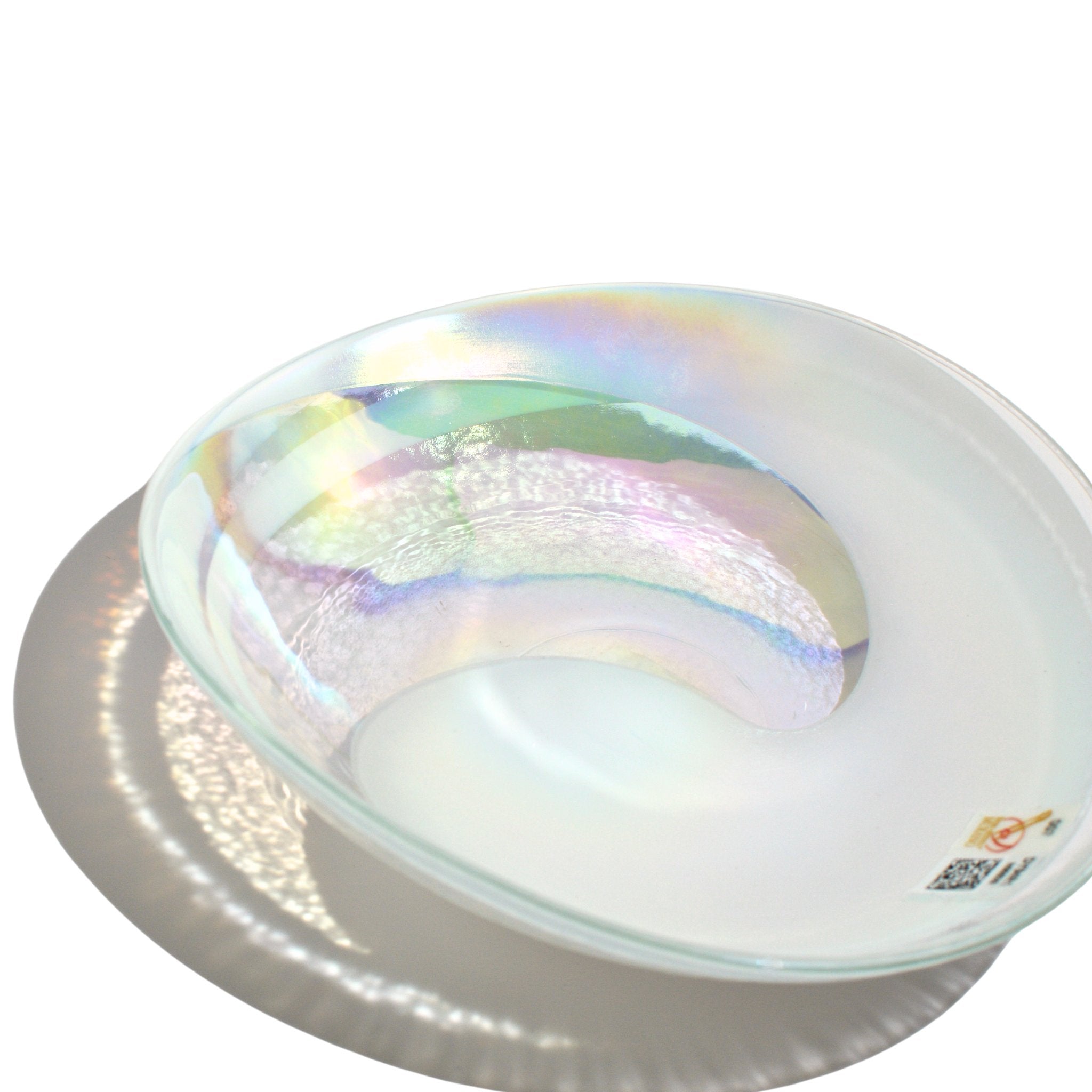 White Murano glass shallow spiral bowl by My Italian Decor, handcrafted Italian art piece with elegant spiral design.