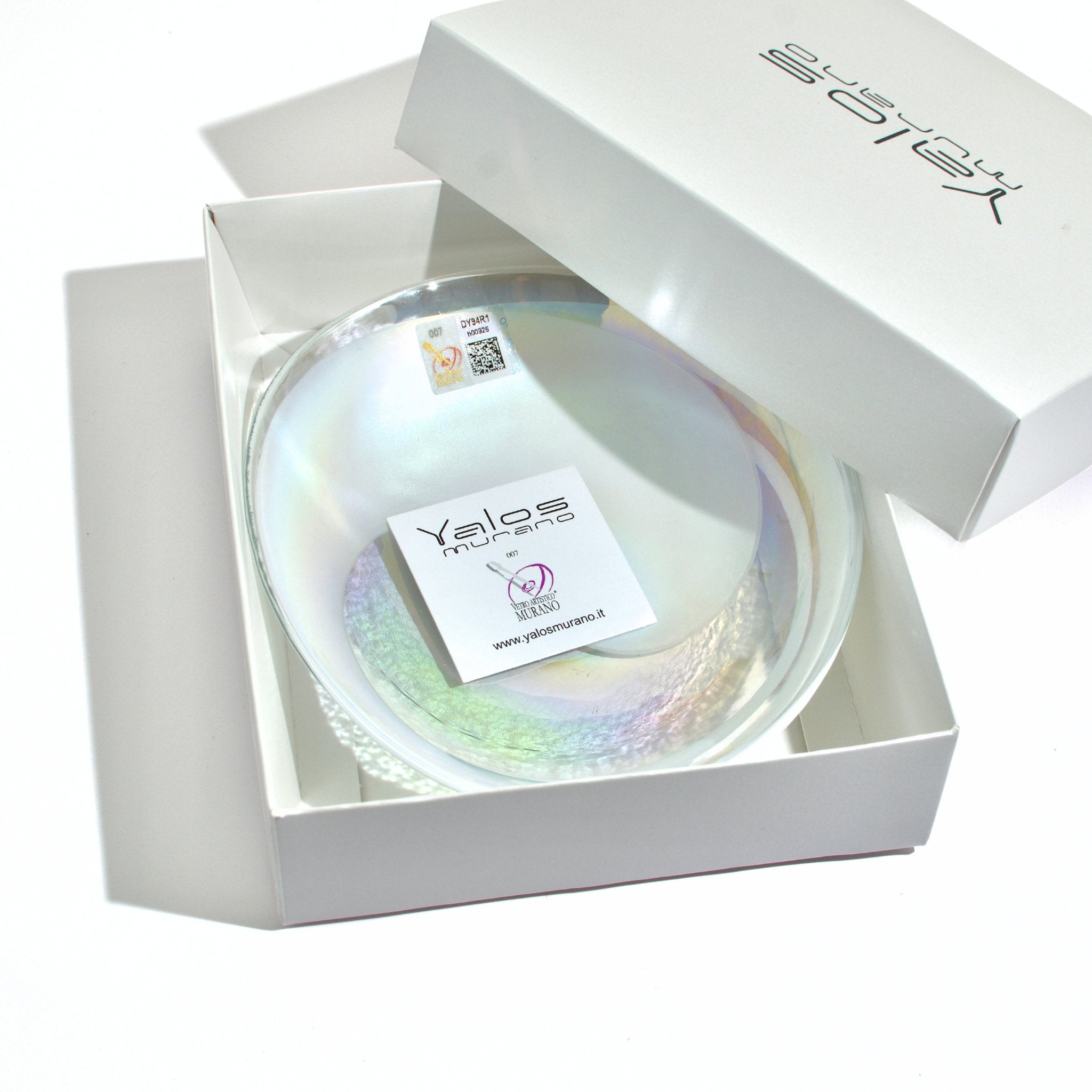 Small Murano glass shallow spiral bowl by My Italian Decor, featuring a white design, displayed in a box.