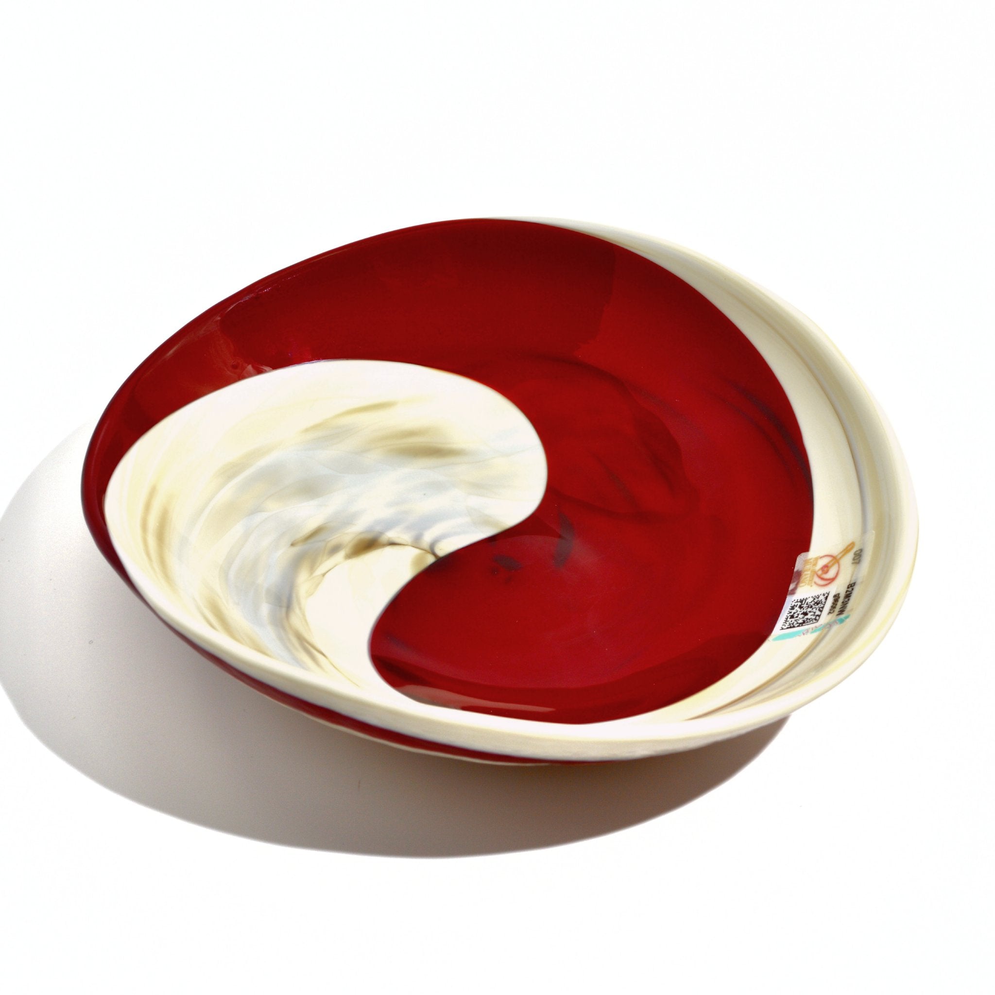 Red Murano glass shallow spiral bowl by My Italian Decor, handmade Italian art with a smooth spiral design.