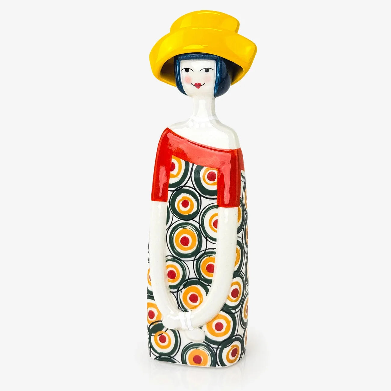 Hand-painted ceramic lady figurine wearing a hat, part of My Italian Decor's Naples collection for home and garden decor.