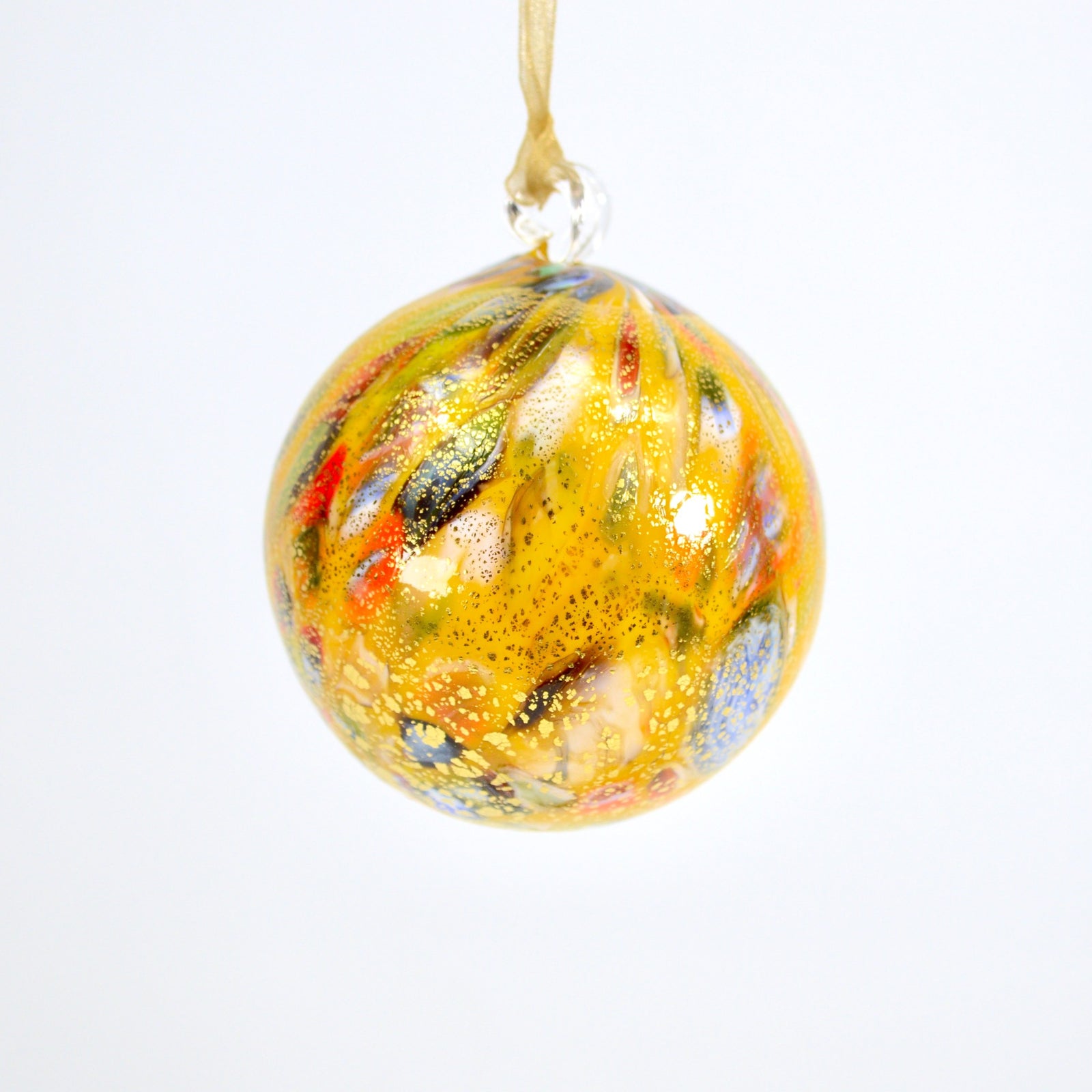 Colorful Murano glass holiday ornament with macchia accents, handcrafted in Italy, perfect for festive decorations.