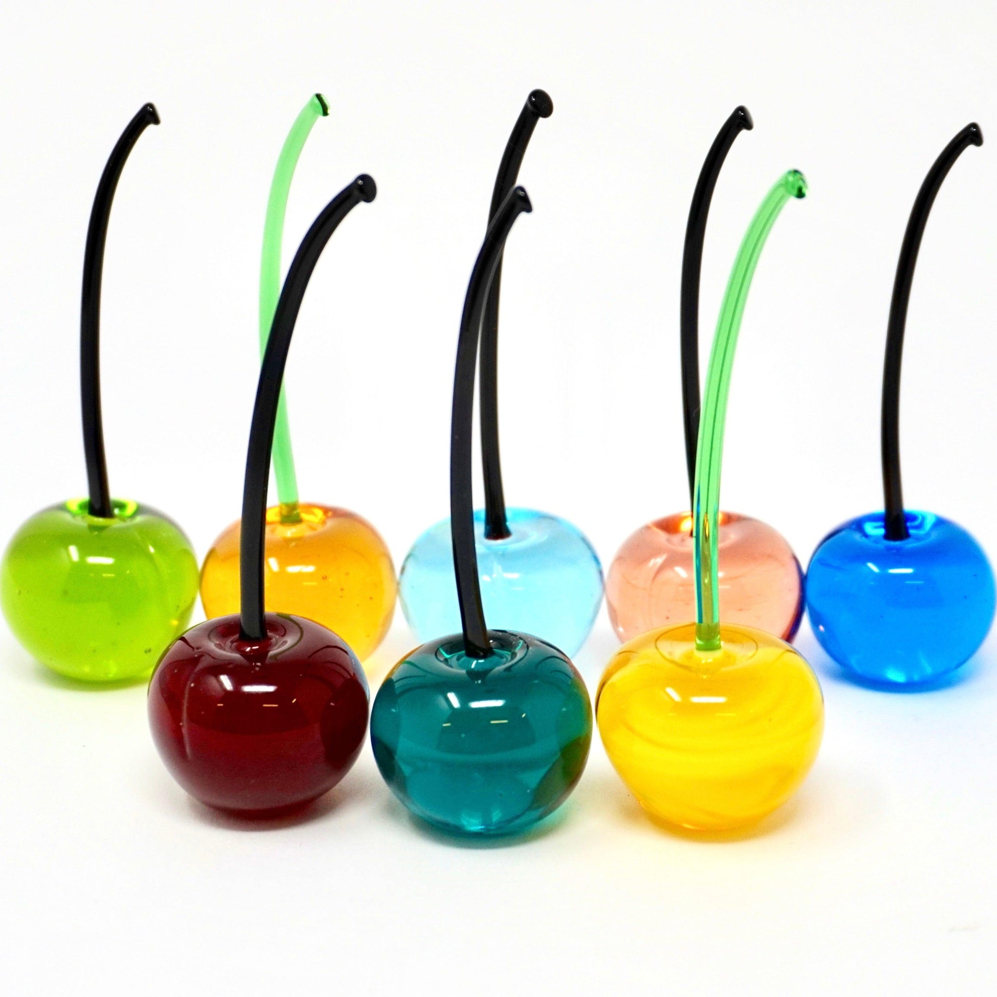 Set of three handmade multicolor Murano glass cherries, lifelike artificial flora from MyItalianDecor, made in Italy.