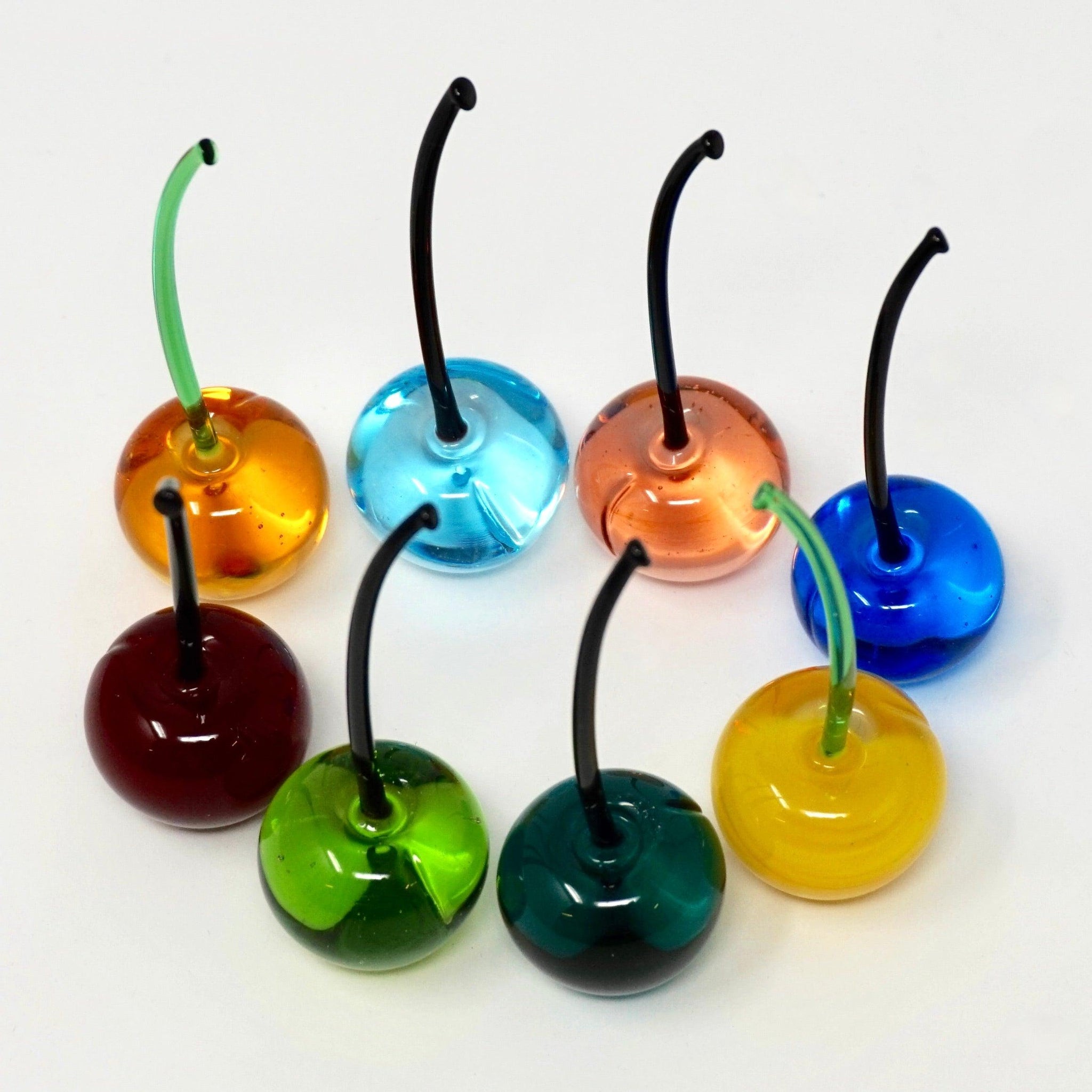 Set of three lifelike multi-color Murano glass cherries, handmade Italian artificial flora for decorative display