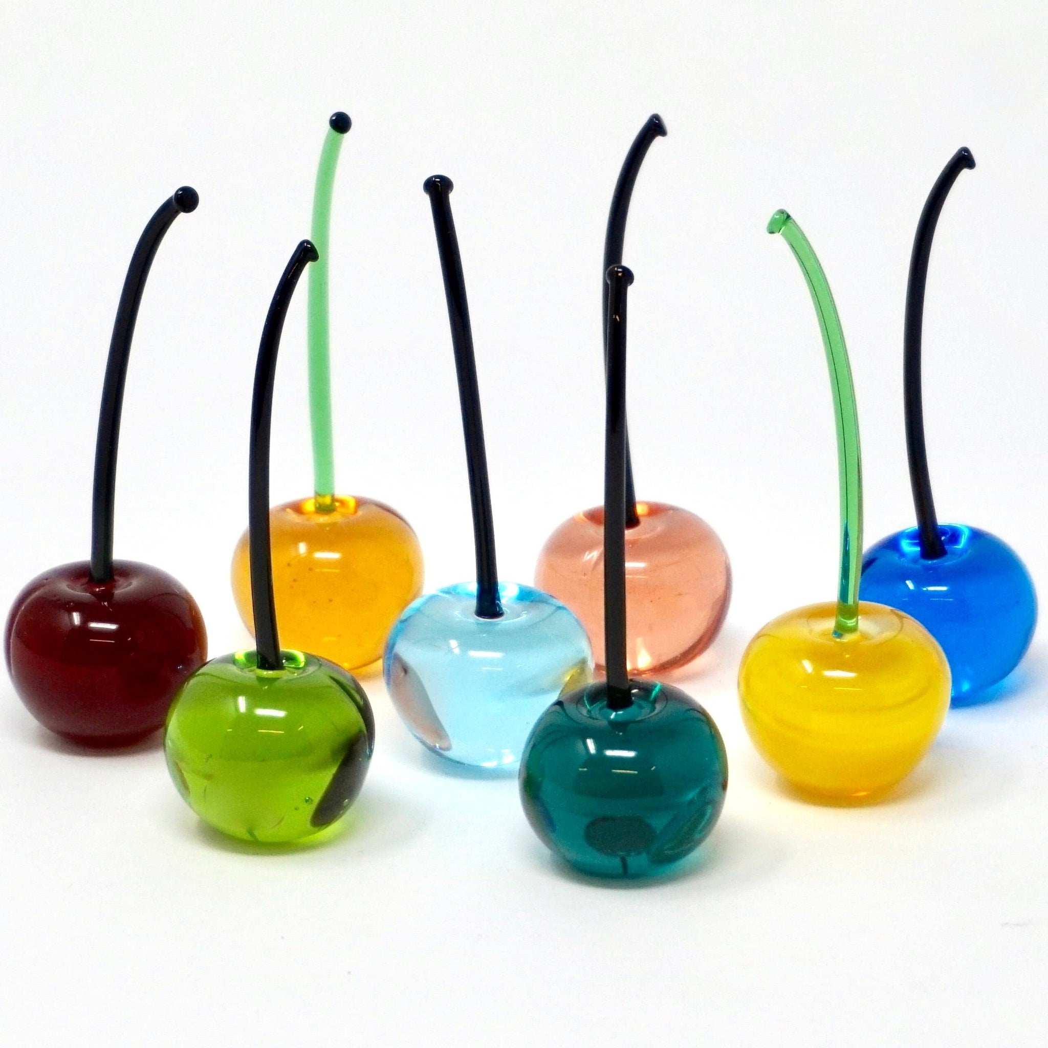 Set of three handmade Murano glass cherries in vibrant multi-color, lifelike artificial flora by MyItalianDecor.