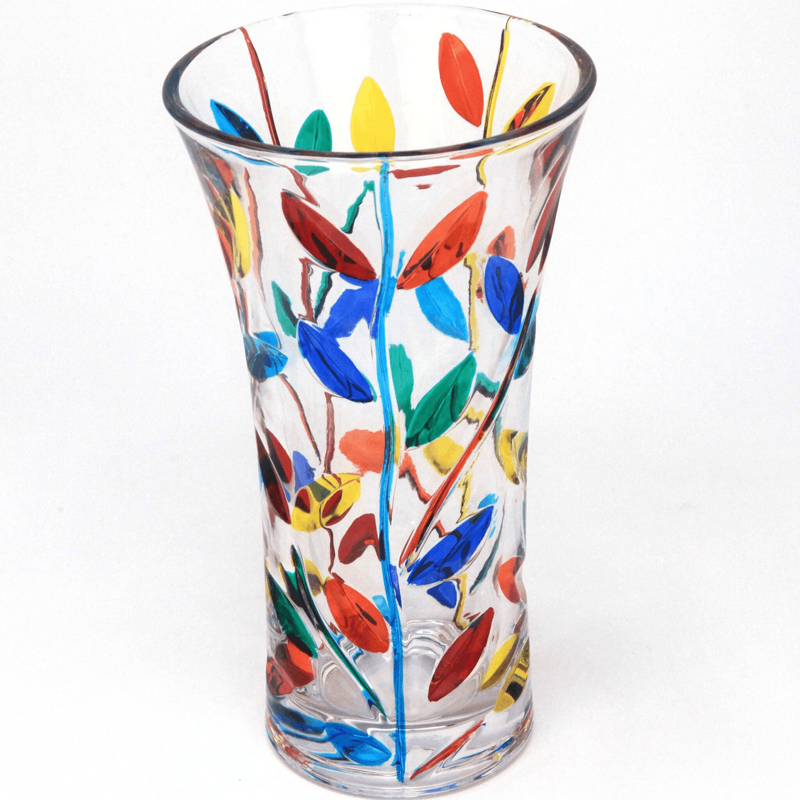 Small Flowervine Tree of Life vase by DZ, hand-painted Italian crystal vase, 8.5 inches tall with intricate design.
