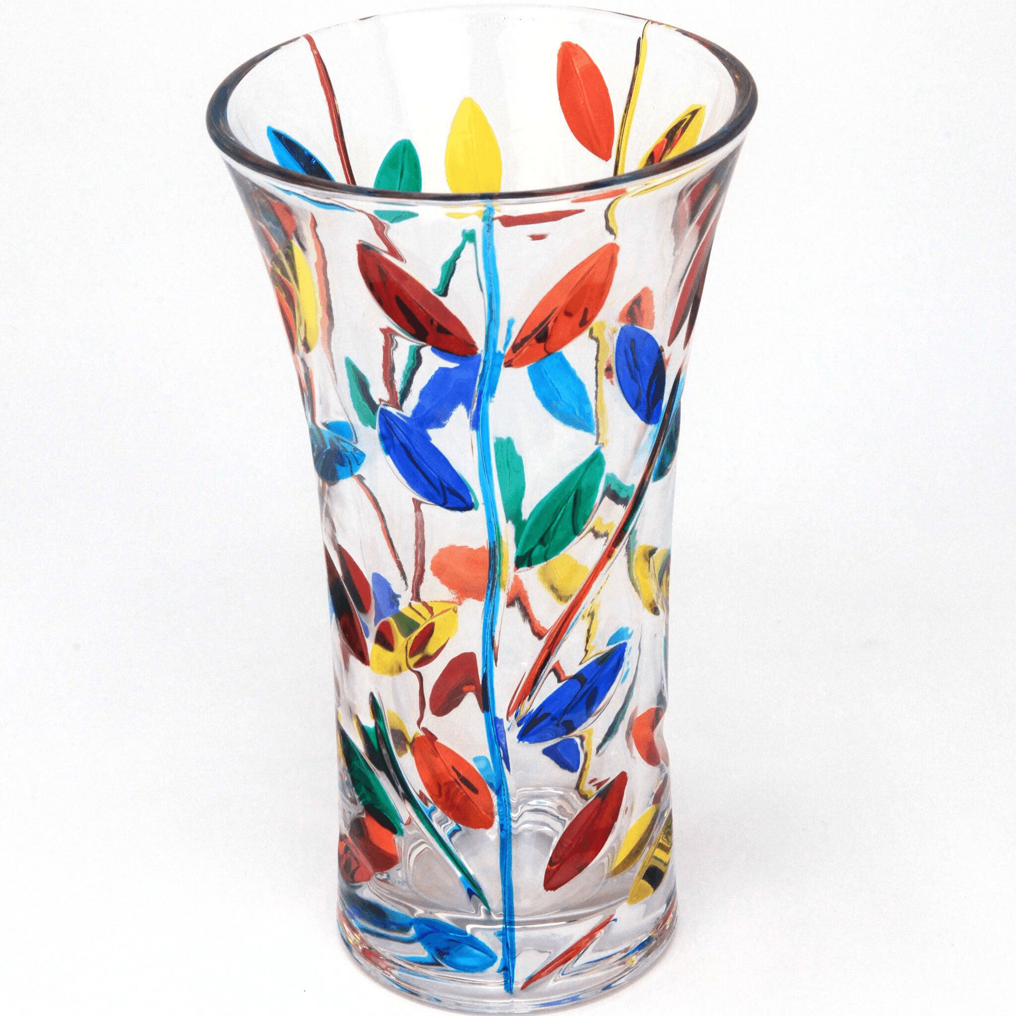 Hand-painted small Tree of Life vase by Flowervine, Italian crystal with intricate floral design, 8.5 inches tall.