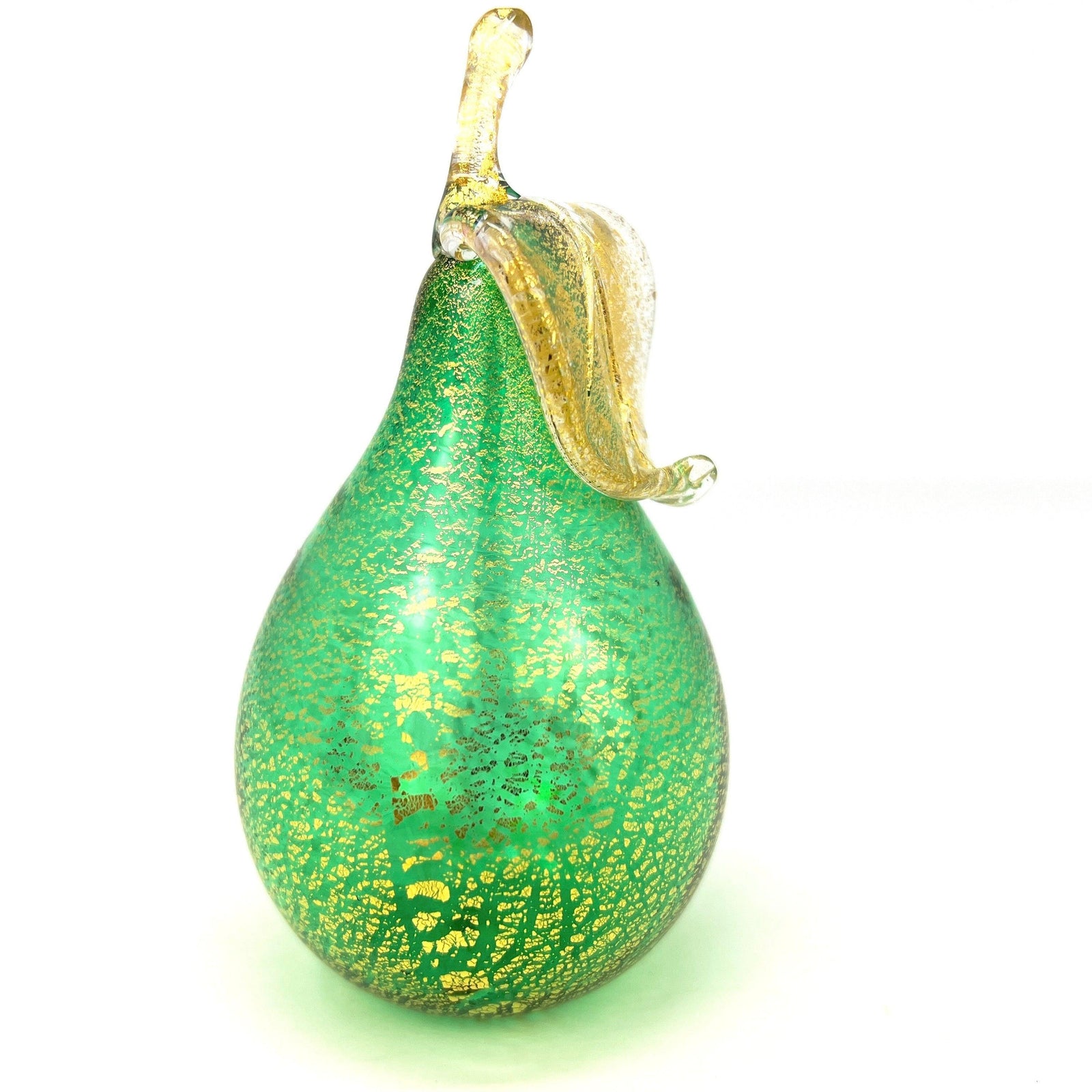 Three life-size Murano glass pears from MyItalianDecor, featuring vibrant blown glass fruit in realistic Italian art style.