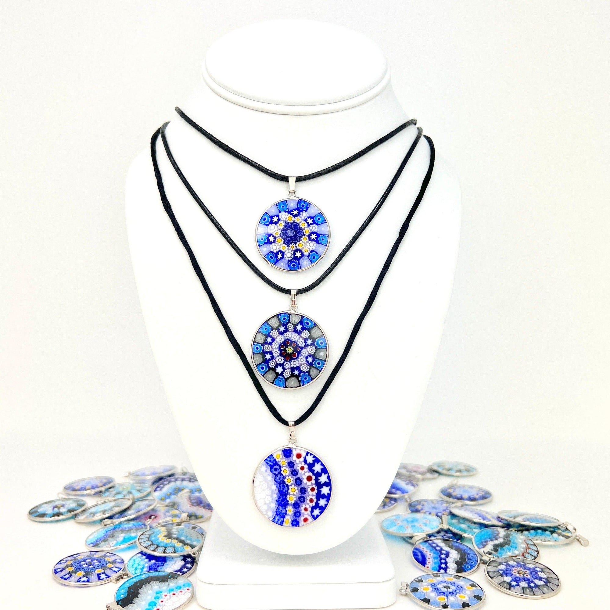 Millefiori Glass Round Disc Pendant Necklace, Blue, Silver at MyItalianDecor