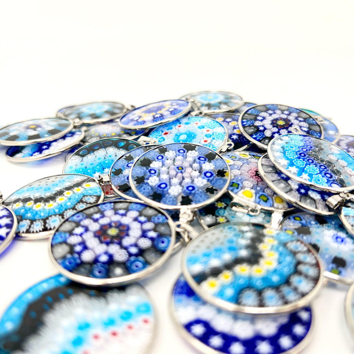 Millefiori Glass Round Disc Pendant Necklace, Blue, Silver at MyItalianDecor
