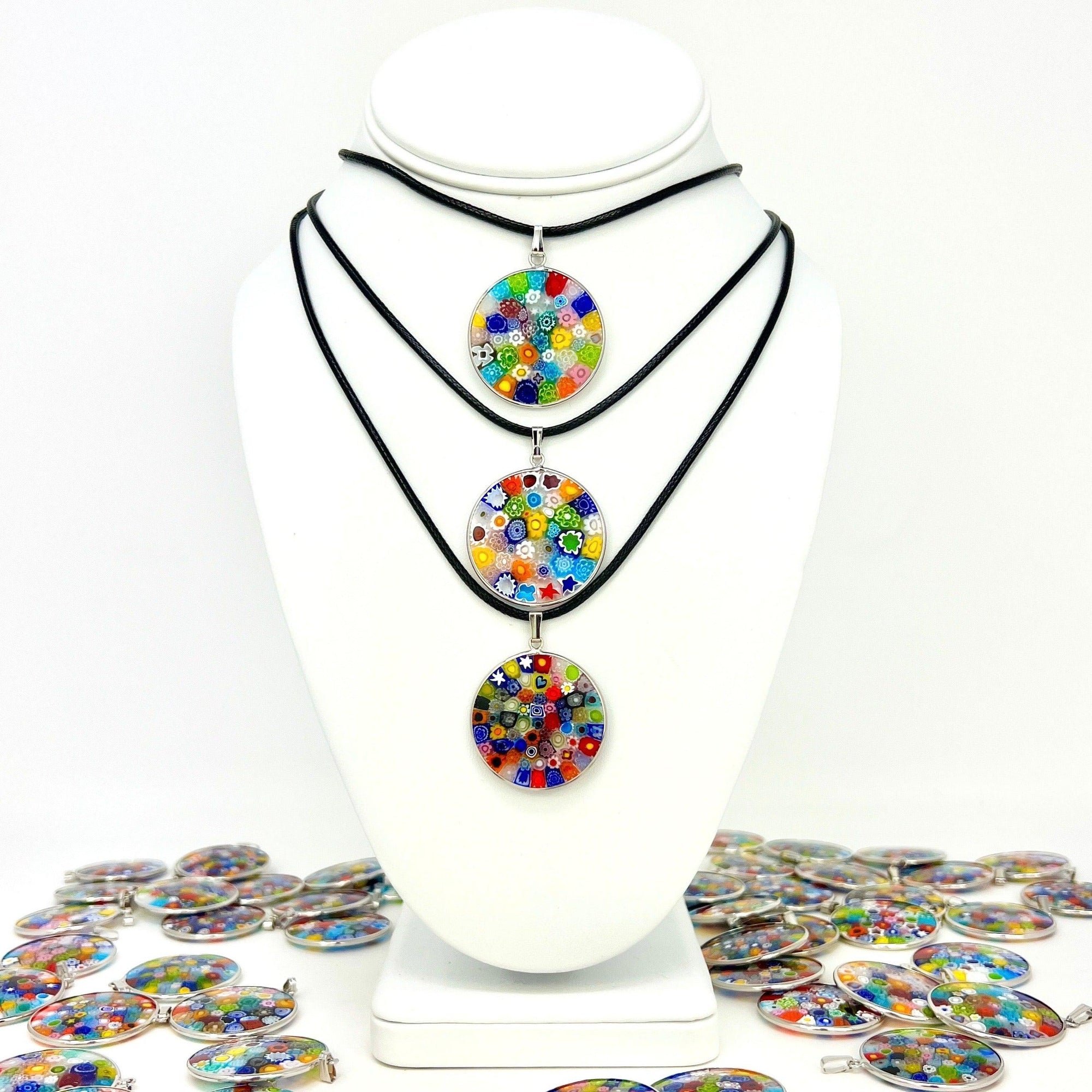 Millefiori Glass Round Disc Pendant Necklace, Multi Color, Silver at MyItalianDecor
