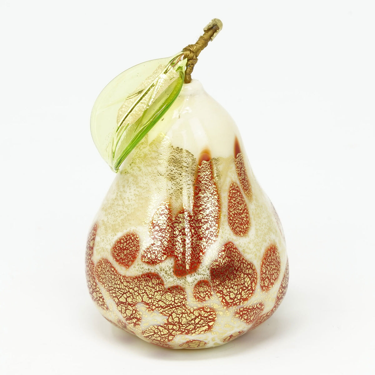 Artificial Murano glass Macchia Pear with gold foil, hand blown in Italy, from My Italian Decor, showcasing vibrant colors and intricate details.