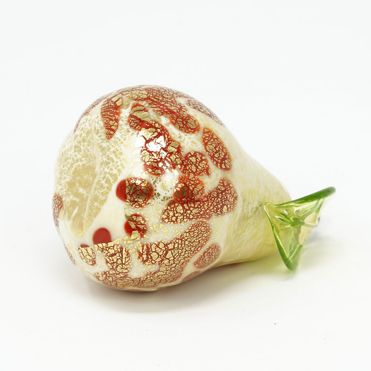 Hand-blown Murano glass Macchia pear with gold foil, artificial floral decor by My Italian Decor, made in Italy.