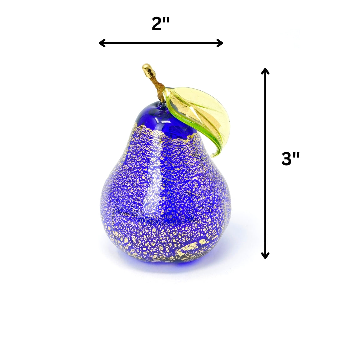 Artificial Murano glass Macchia pear with gold foil, hand blown in Italy, showcasing vibrant colors and artistic craftsmanship.