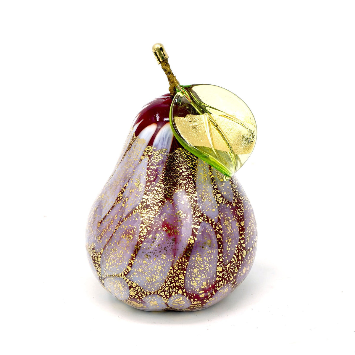 Hand-blown Murano glass Macchia pear with gold foil, artificial floral decor by My Italian Decor, made in Italy.