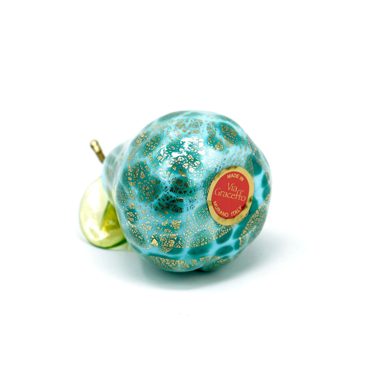 Murano Glass hand-blown Macchia pear with gold foil, artificial floral decor by My Italian Decor, crafted in Italy.
