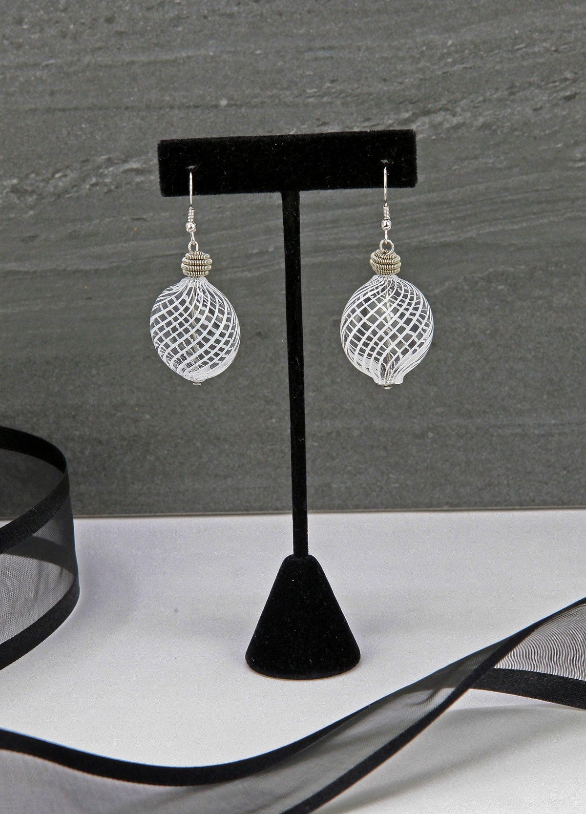 Murano Glass Fliligrana Bead Earring, White - MyItalianDecor