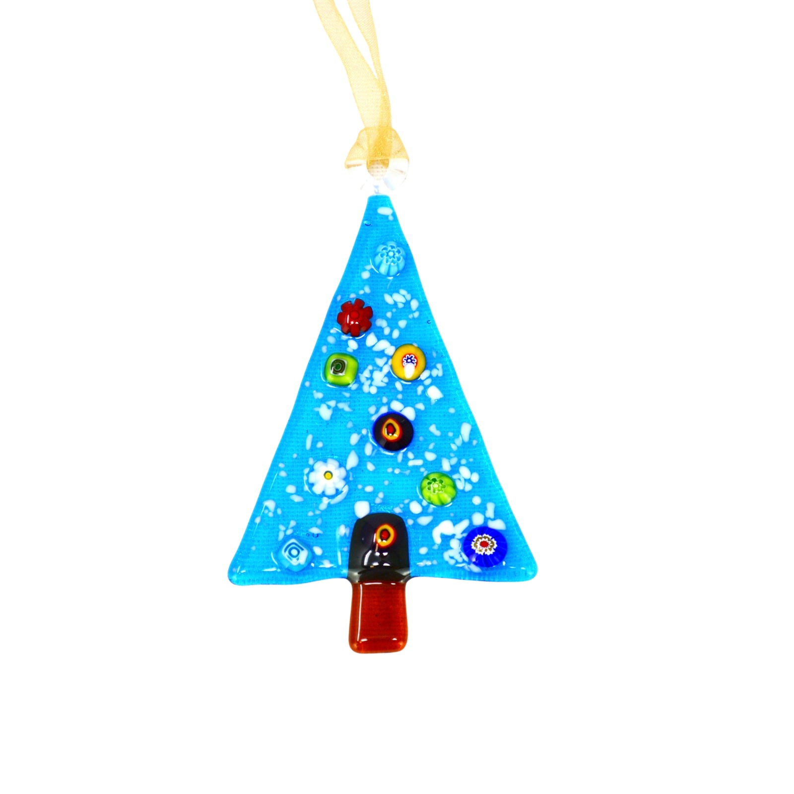 Murano glass Christmas tree ornament with colorful Millefiori mosaics, featuring a snowy winter scene, made in Italy.