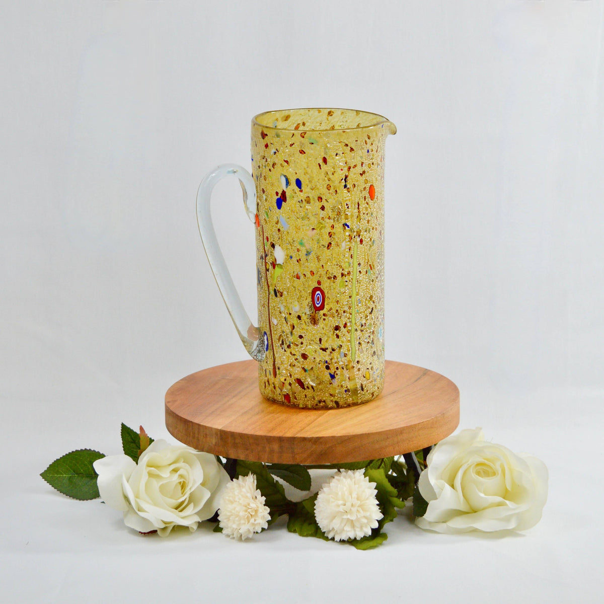 Alta Tall Drink Pitcher in Amber, Murano Glass with millefiori, Made in Italy - My Italian Decor