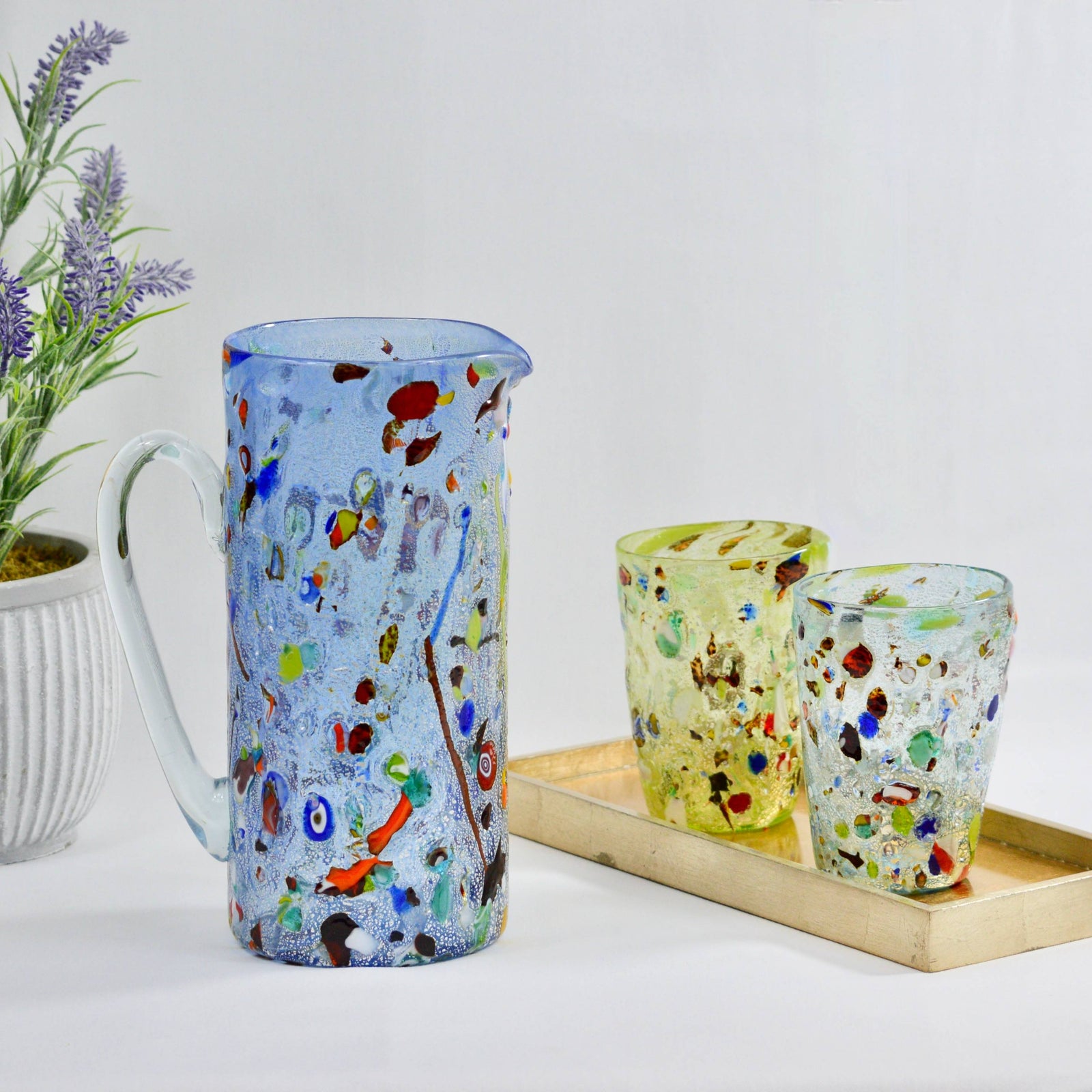 Blue Murano glass Alta Tall Drink Pitcher with millefiori design, made in Italy, part of My Italian Decor's serving pitchers collection.
