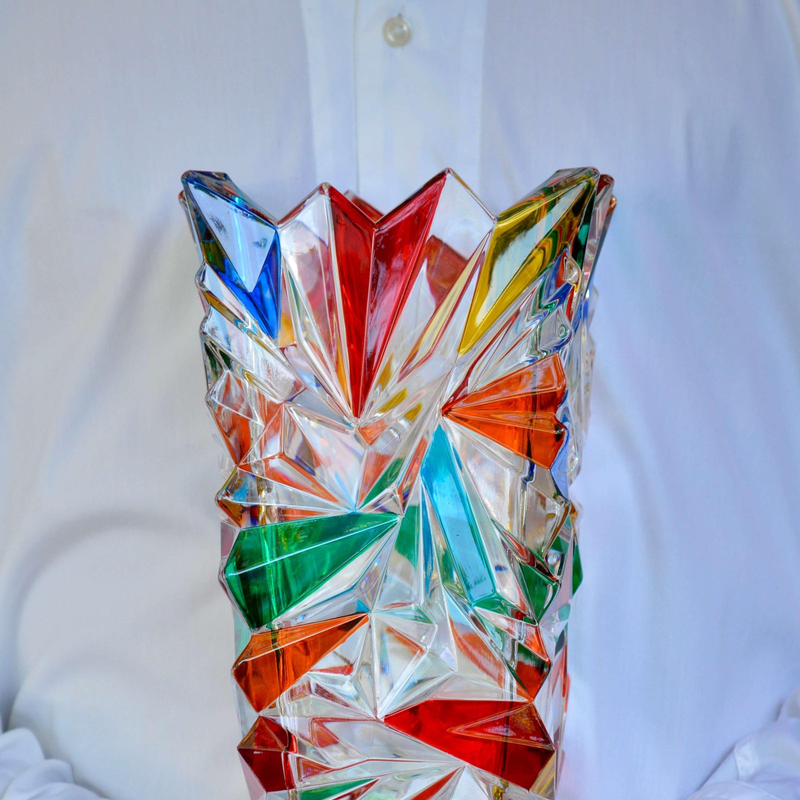 Large hand-painted Italian crystal vase by DZ featuring a sleek bolt design, crafted in Italy for elegant home decor.