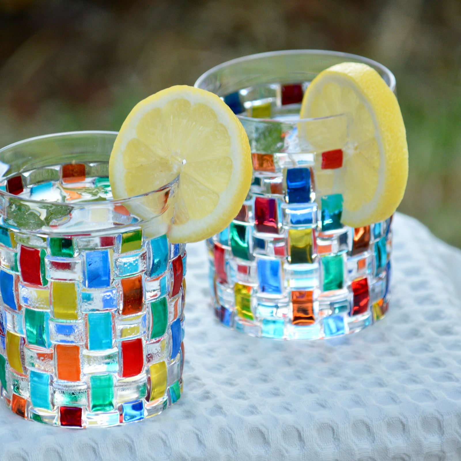 Set of two DZ Bossanova whiskey tumblers, hand-painted Italian crystal water and juice glasses with elegant short design.