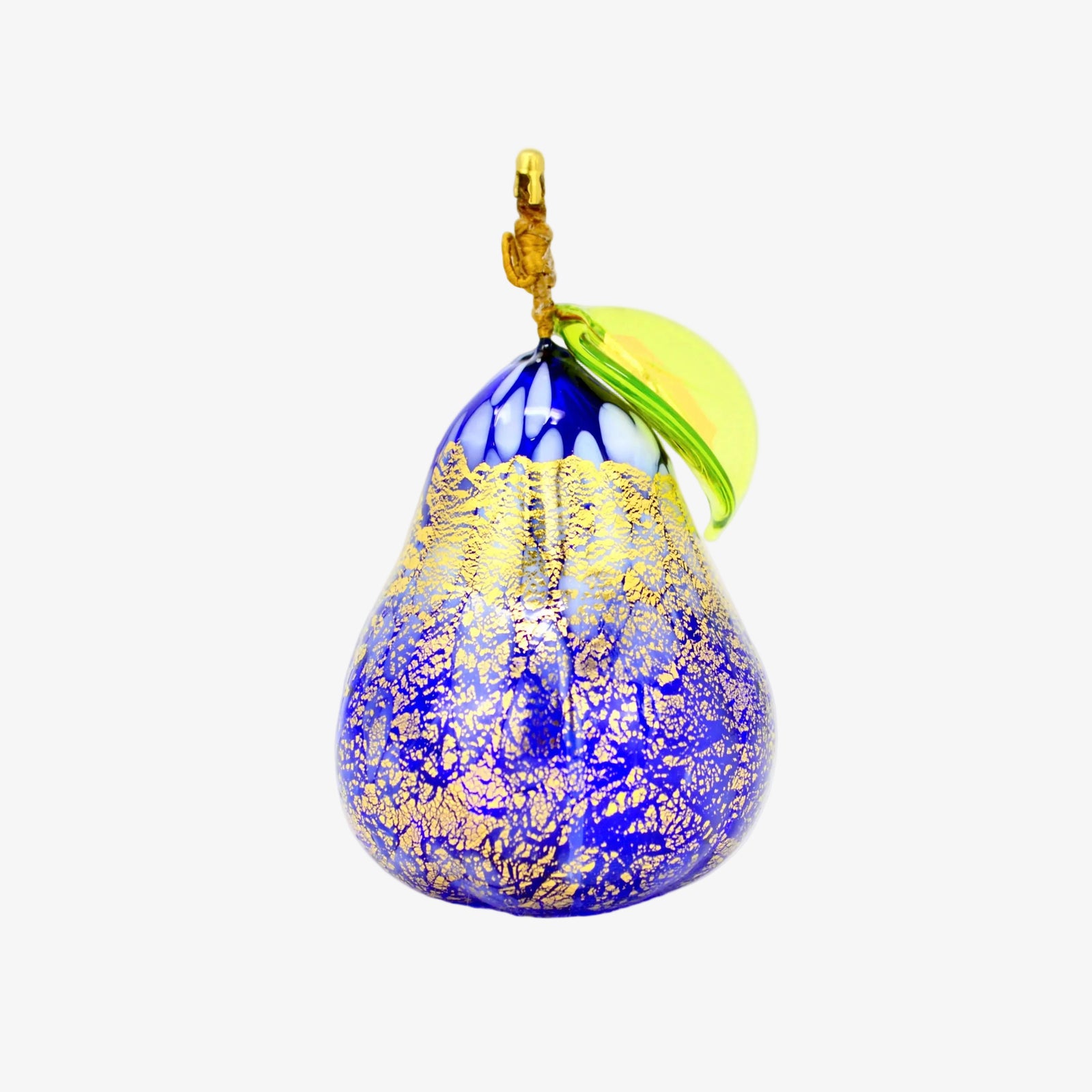 Hand-blown Murano glass Macchia pear with gold foil, Italian artificial floral decor by My Italian Decor displayed on a plate.