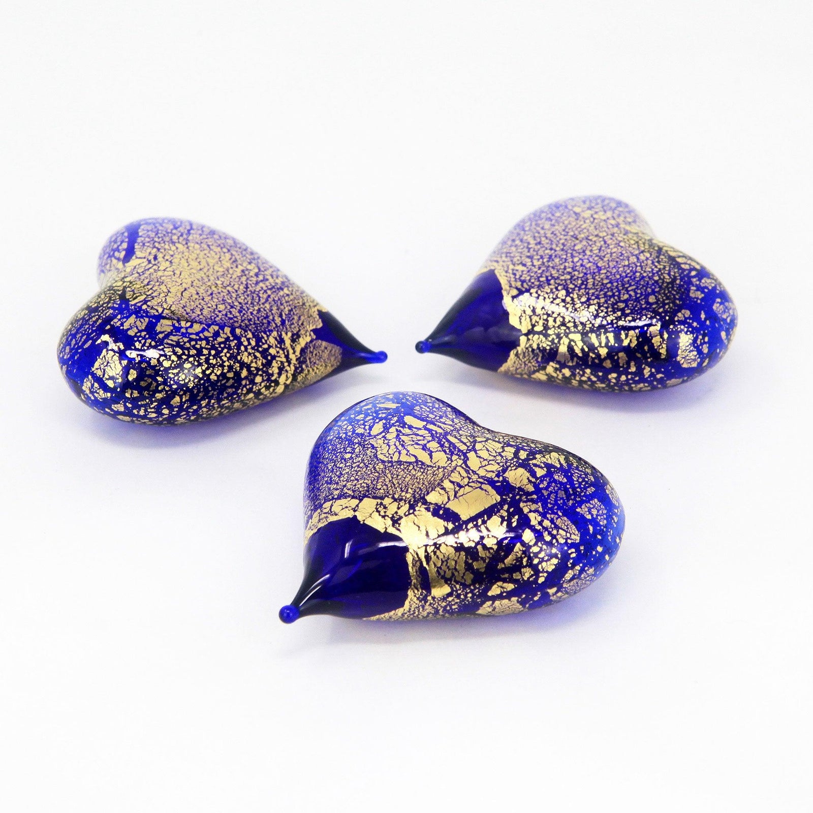 Set of three small Murano glass heart figurines in various colors, handcrafted in Italy by MyItalianDecor.