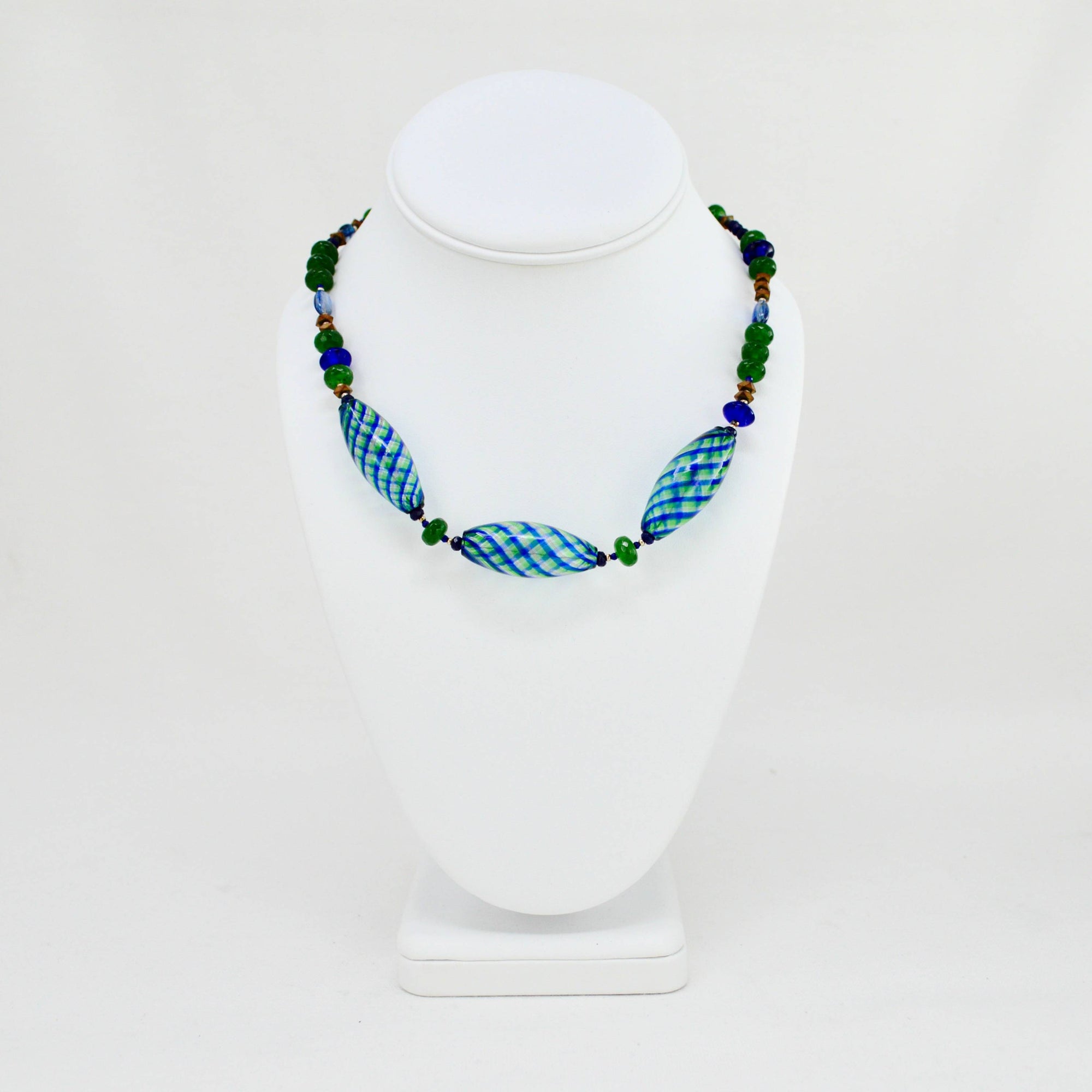 Murano Glass, Kyanite Quartz and Green Quartz Beaded Necklace, CA Artist. - My Italian Decor