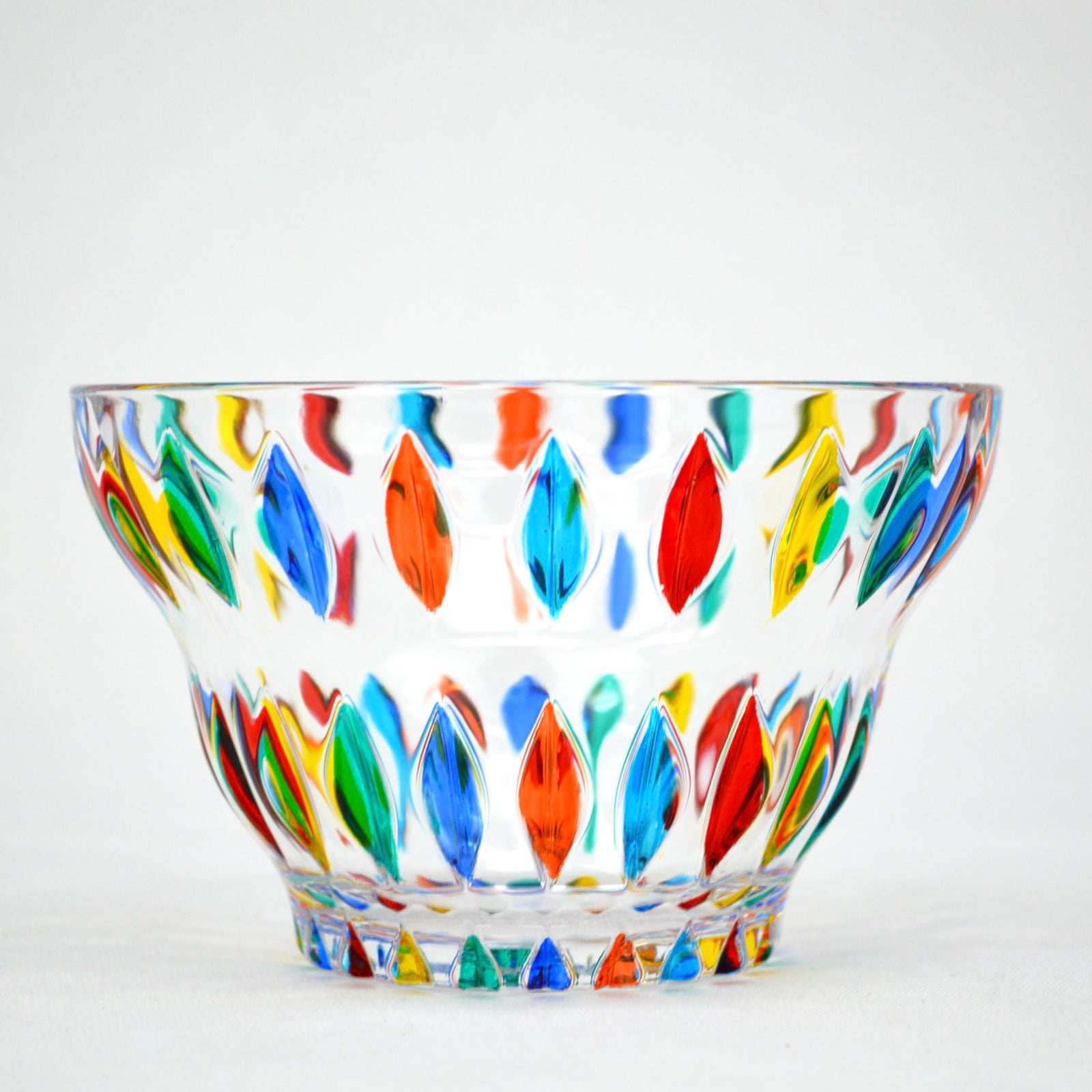 Decorative hand-painted Italian glass salad bowl with colorful candy and salsa motifs, crafted by DZ.