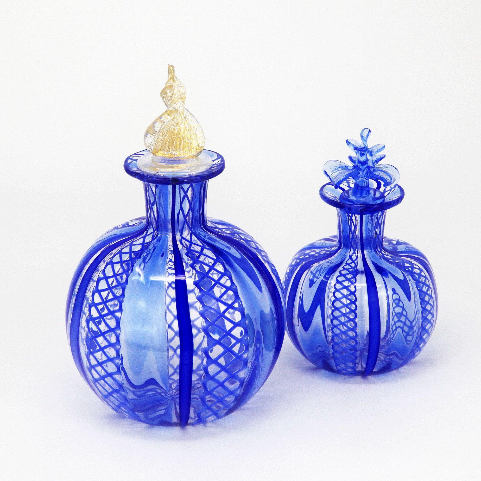 Murano Glass Hand Blown Perfume Bottle, Filigrana, Cobalt Blue, Large & Small - MyItalianDecor