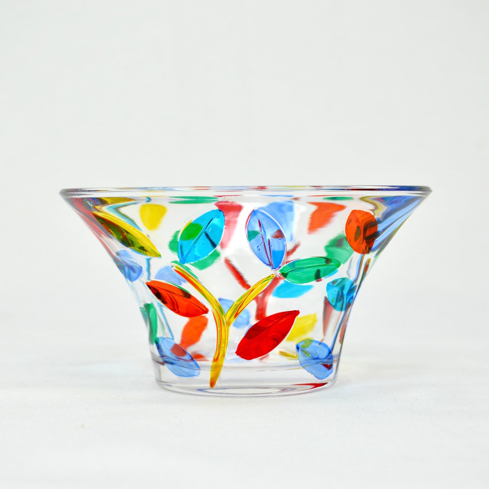 Decorative Flowervine Candy Bowl by DZ, hand-painted Italian glass with chocolates inside, showcasing intricate floral design and vibrant colors.