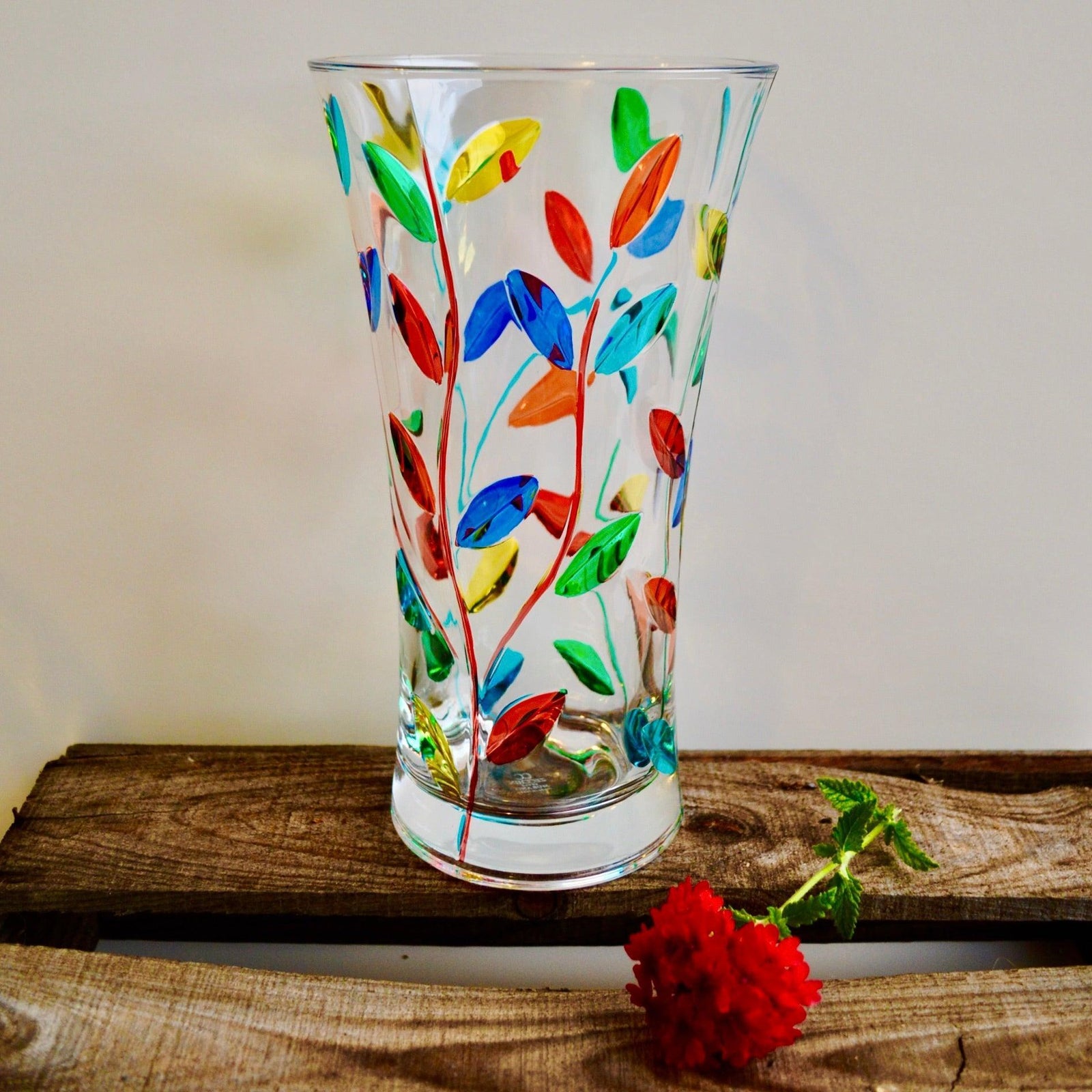 Large 12-inch hand-painted Italian crystal Tree of Life vase by DZ, featuring intricate floral vine designs.