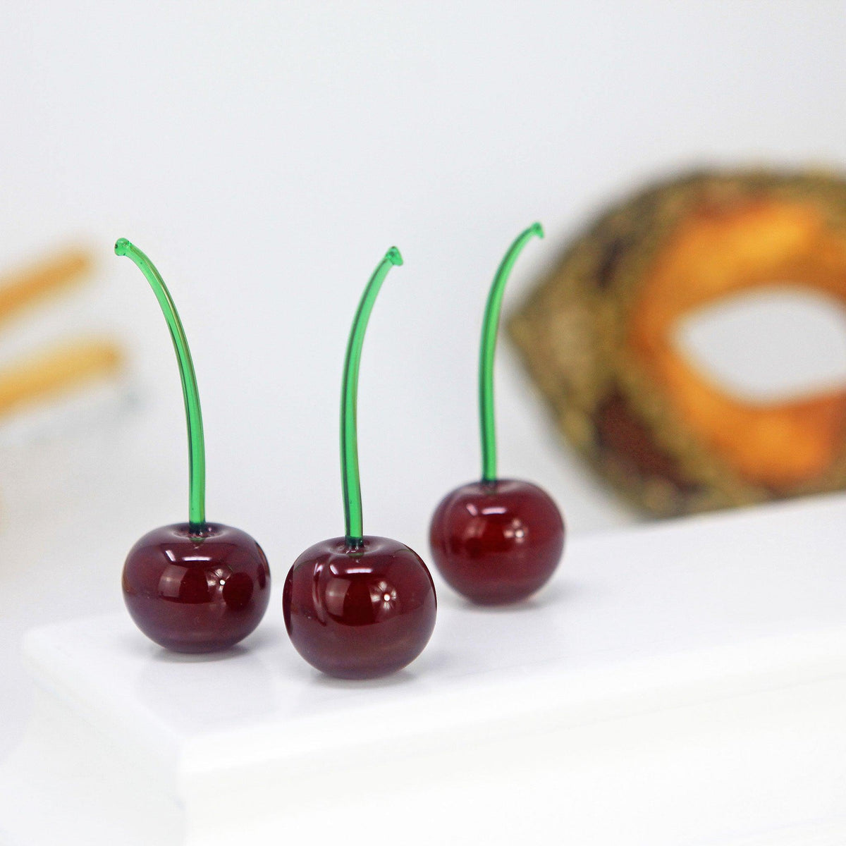 Murano Glass Cherries, Green Stem, Sets of 3 or 5, Handmade in Murano, Italy - MyItalianDecor