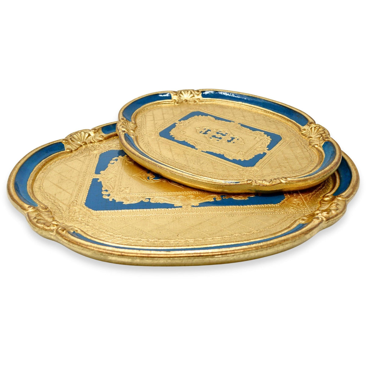 Florentine Oval Carved Wood Trays, Set of 2, Cobalt Blue, Made in Italy - My Italian Decor