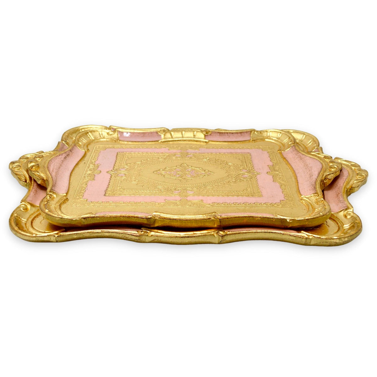Florentine Carved Gilded Wood Tray, Scalloped With Handles, Pink, Choice of size - My Italian Decor