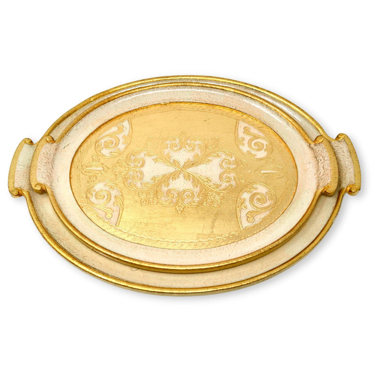 Florentine Carved Gilded Wood, Oval with Handle Trays, Cappuccino, Choice of size - My Italian Decor