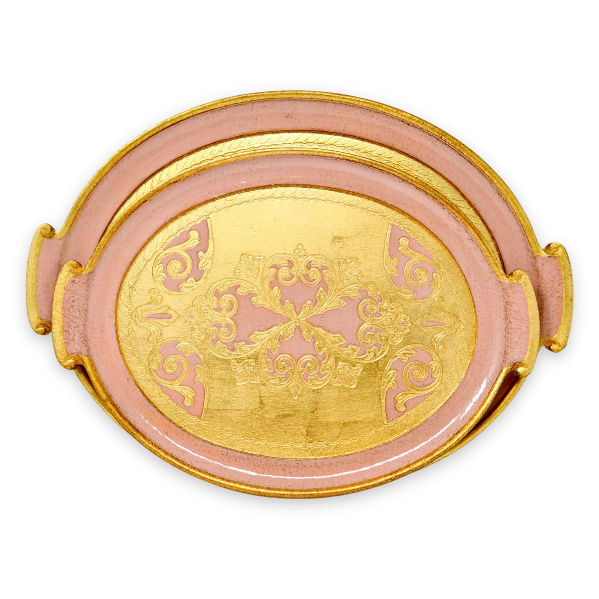 Florentine Carved Gilded Wood, Oval with Handle Trays, Pink, Choice of size - My Italian Decor