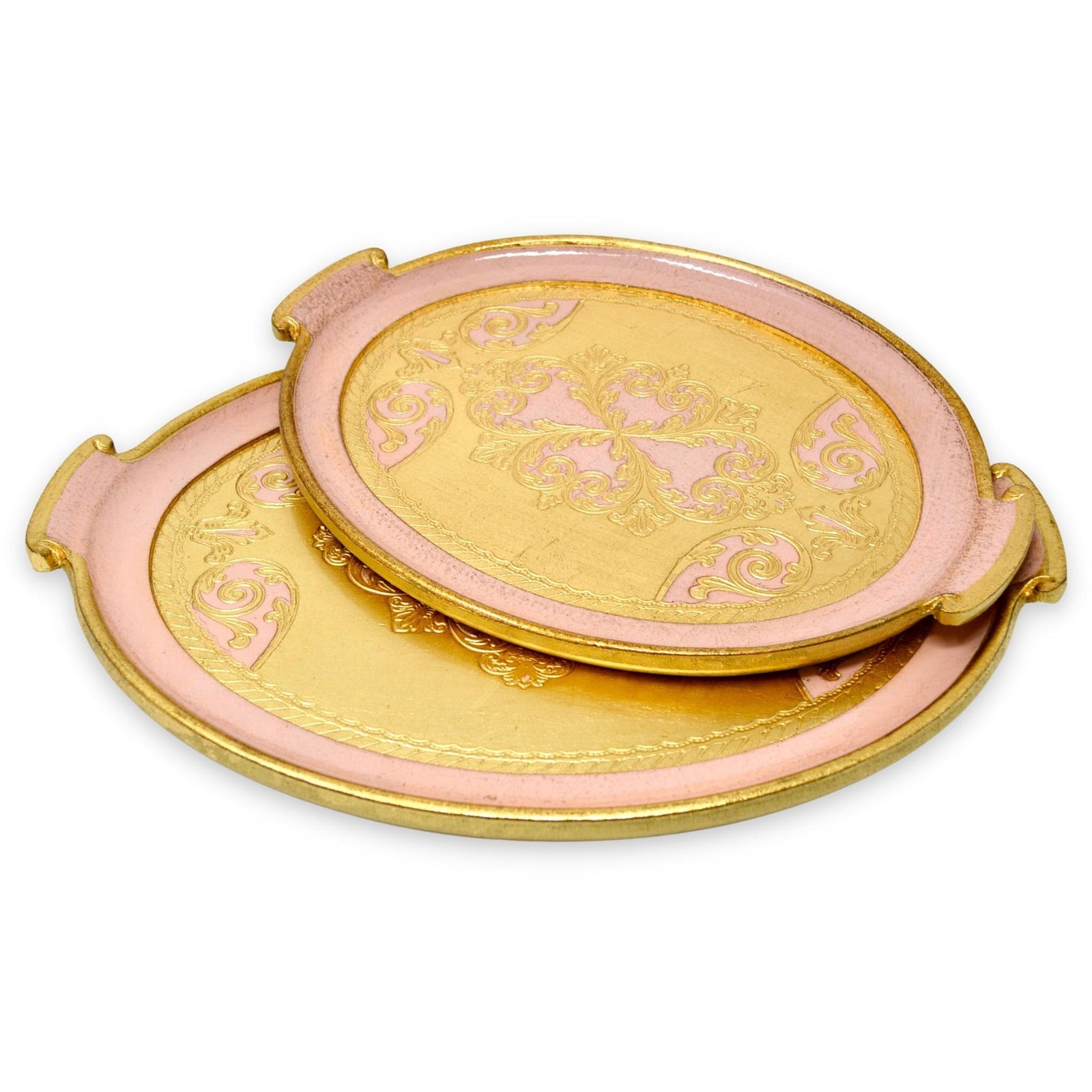 Florentine Carved Gilded Wood, Oval with Handle Trays, Pink, Choice of size - My Italian Decor