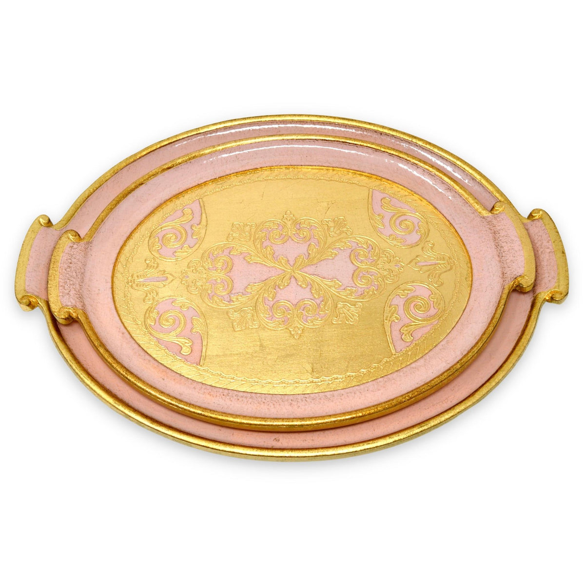 Florentine Carved Gilded Wood, Oval with Handle Trays, Pink, Choice of size - My Italian Decor
