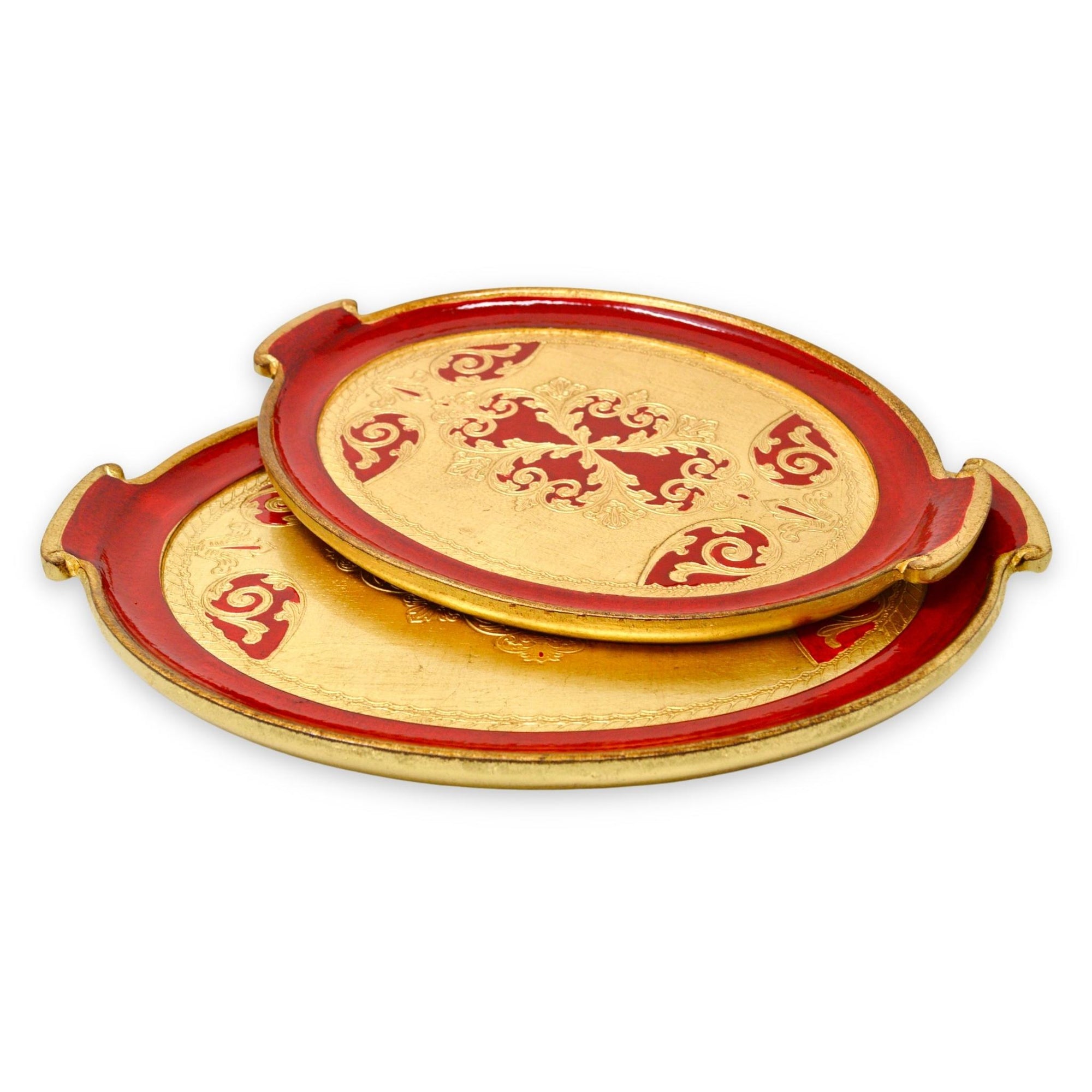 Florentine Carved Gilded Wood, Oval with Handle Trays, Red, Choice of size - My Italian Decor