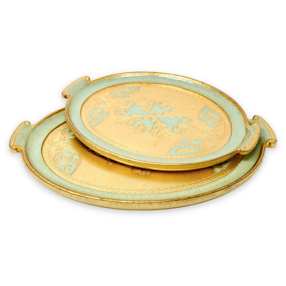 Florentine Carved Gilded Wood, Oval with Handle Trays, Sage Green, Choice of size - My Italian Decor