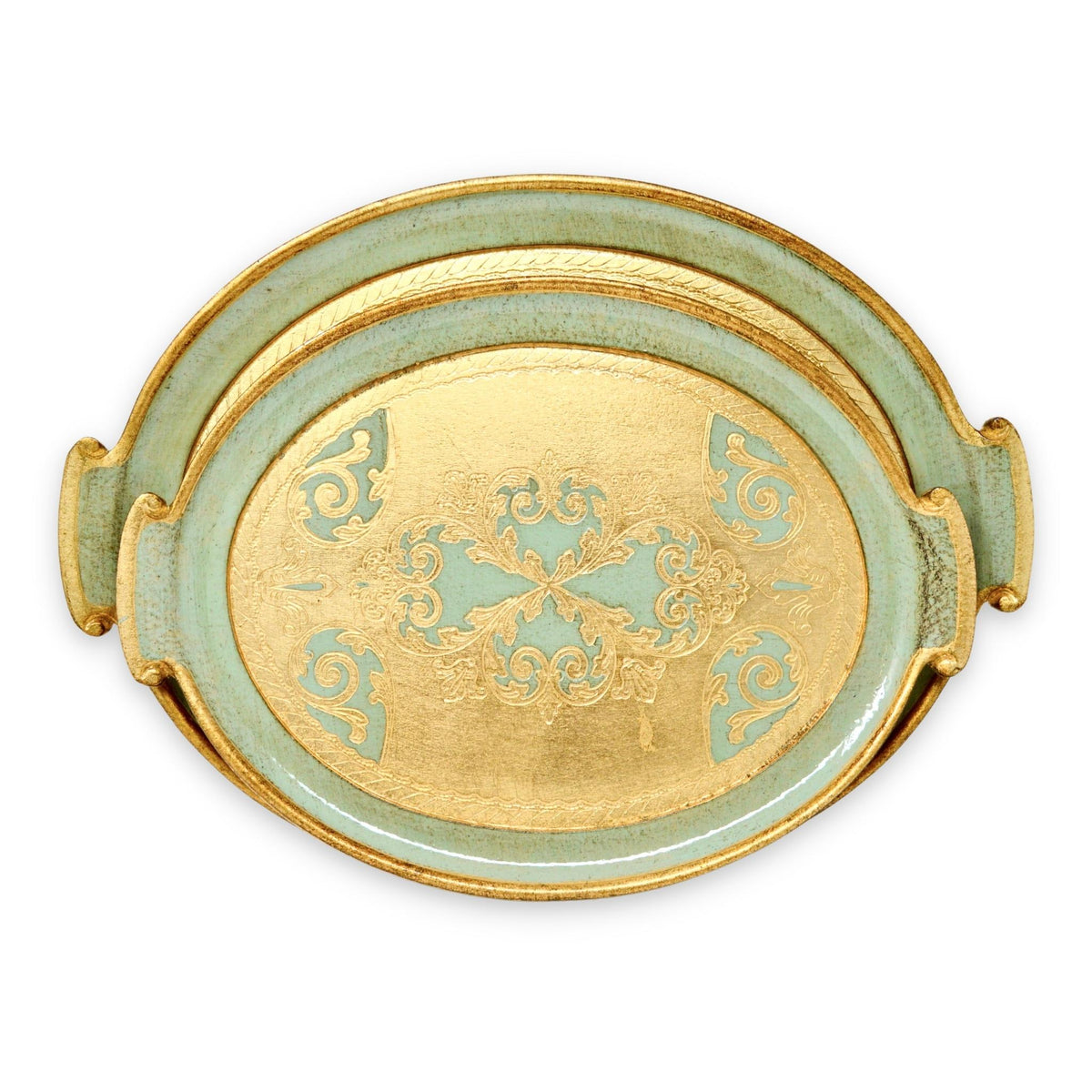 Florentine Carved Gilded Wood, Oval with Handle Trays, Sage Green, Choice of size - My Italian Decor
