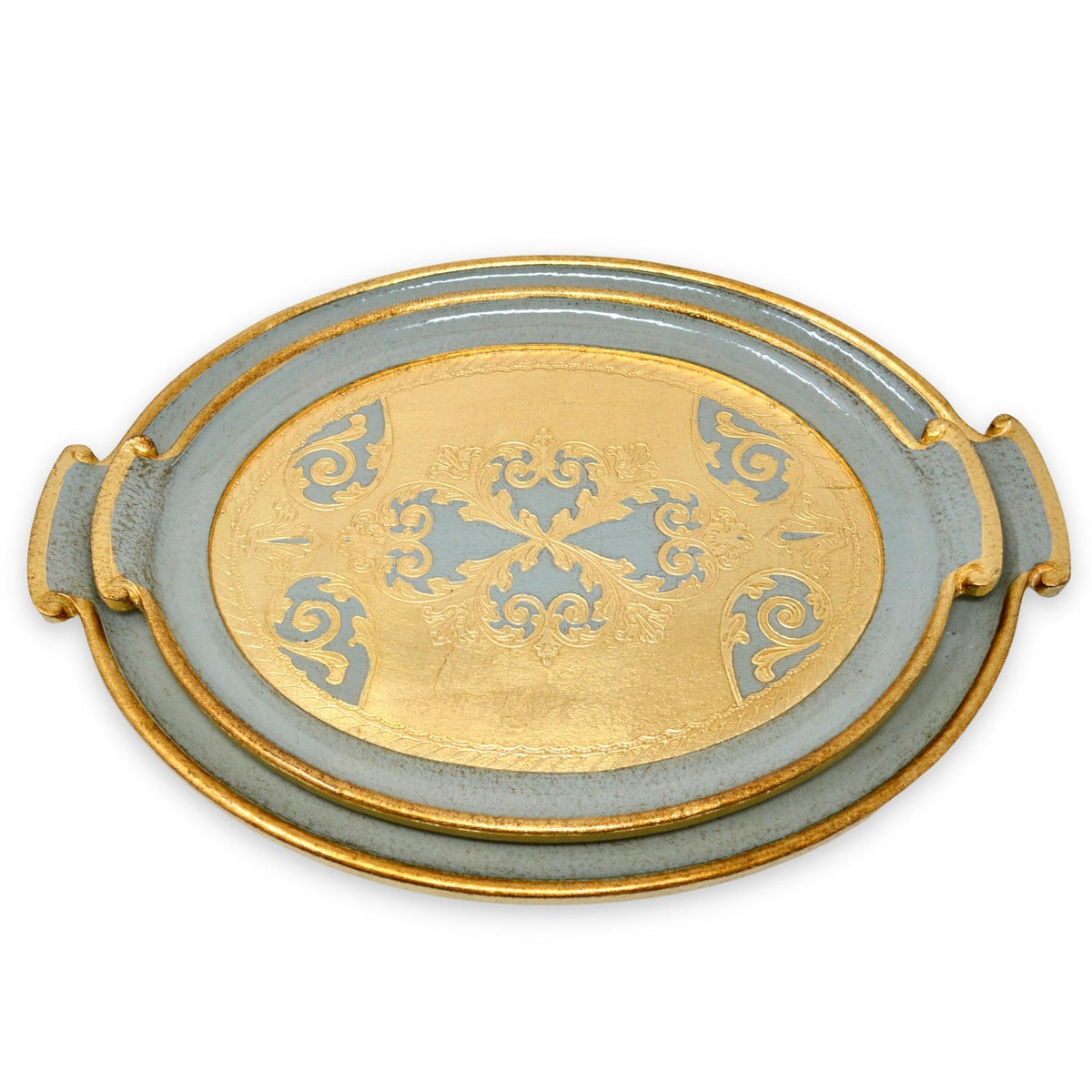 Florentine Carved Gilded Wood, Oval with Handle Trays, Grey-Green, Choice of size - My Italian Decor