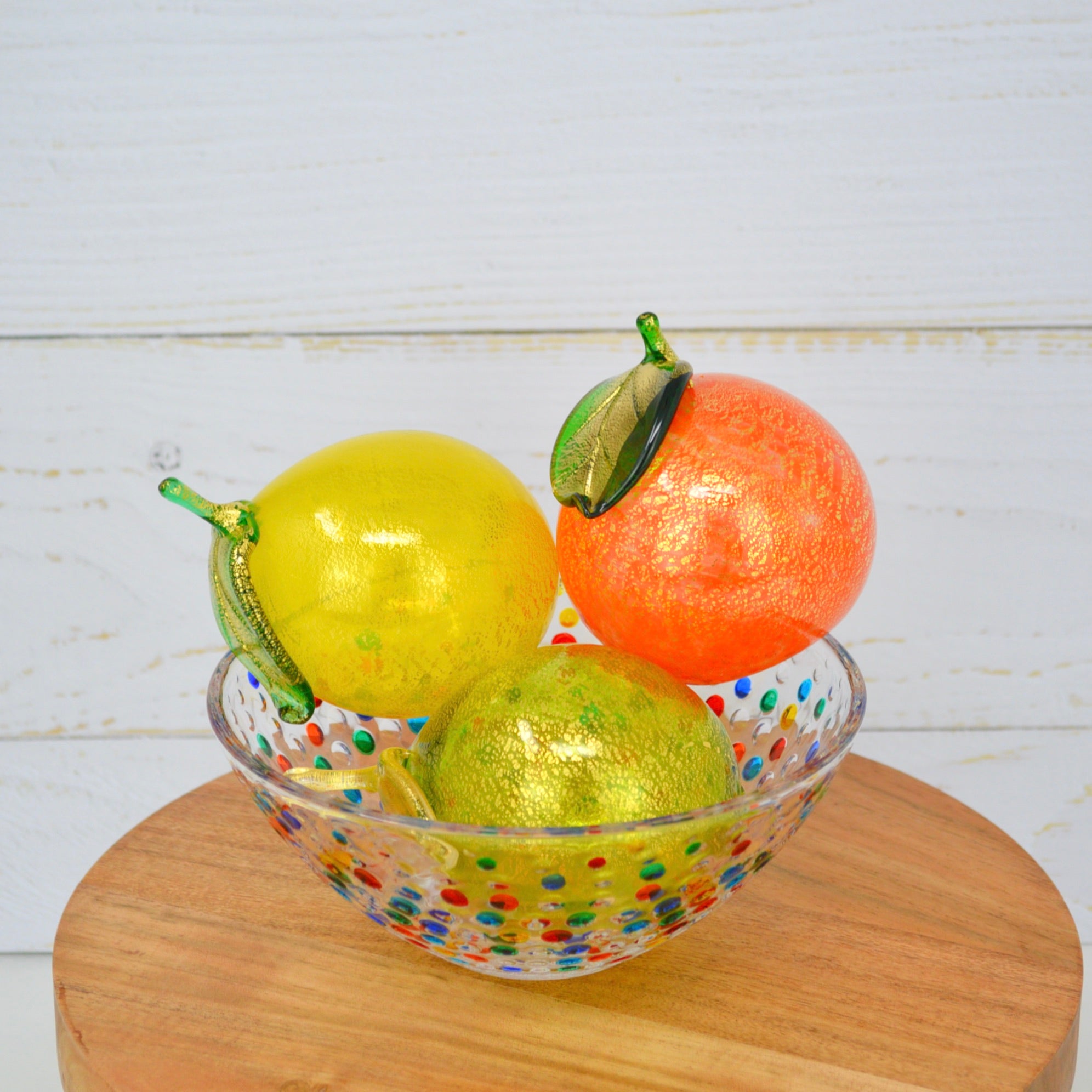 Life-size Murano glass limes in a bowl, colorful blown Italian fruit decorations, artificial flora by MyItalianDecor