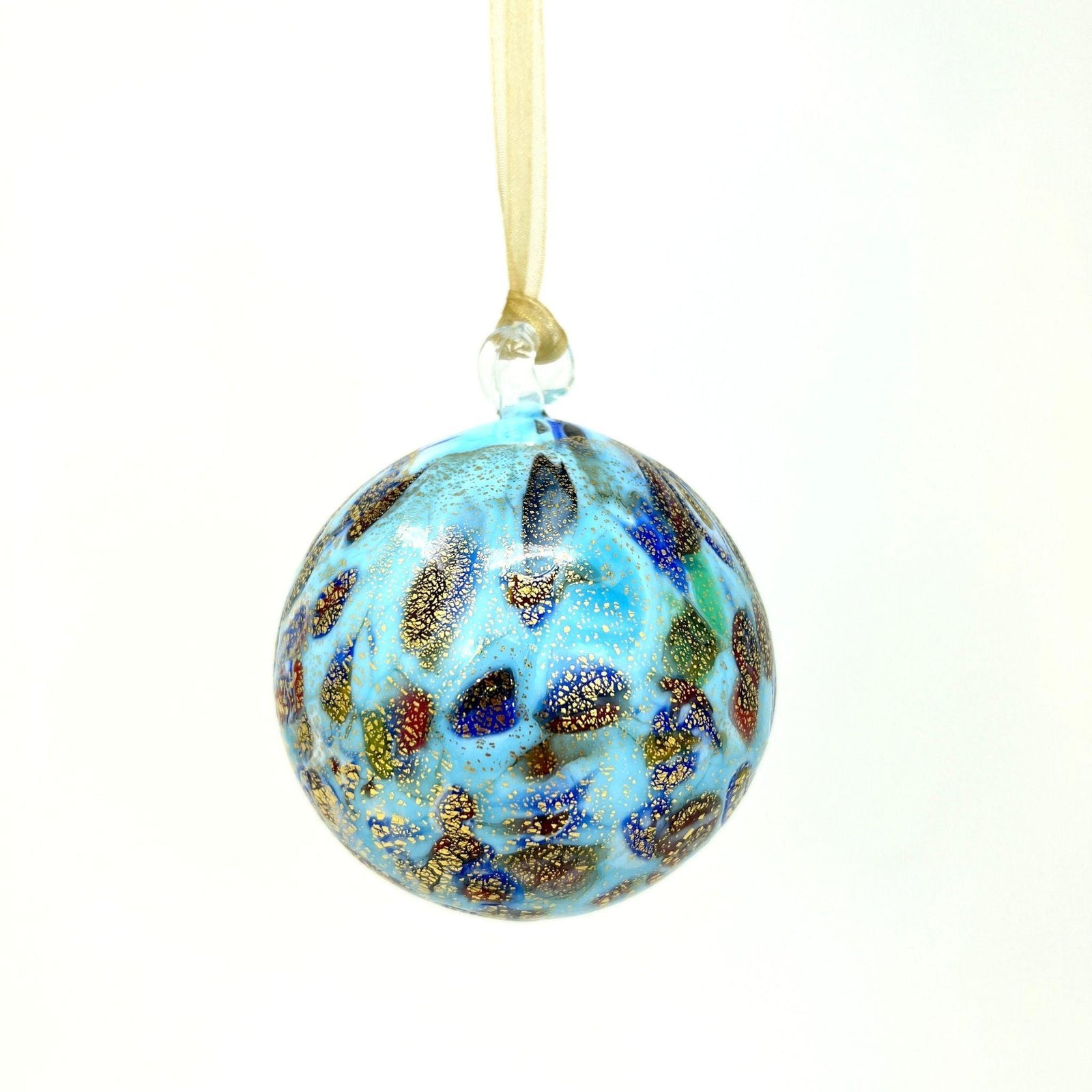 Colorful Murano glass holiday ornament with macchia accents, handcrafted in Italy, perfect for festive decorations.