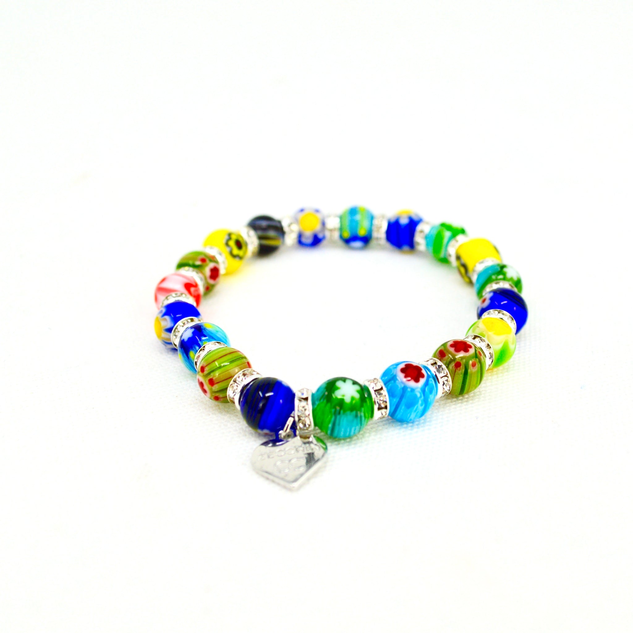Murano glass Millefiori bead elastic bracelet with colorful patterned beads, made in Italy, by MyItalianDecor.