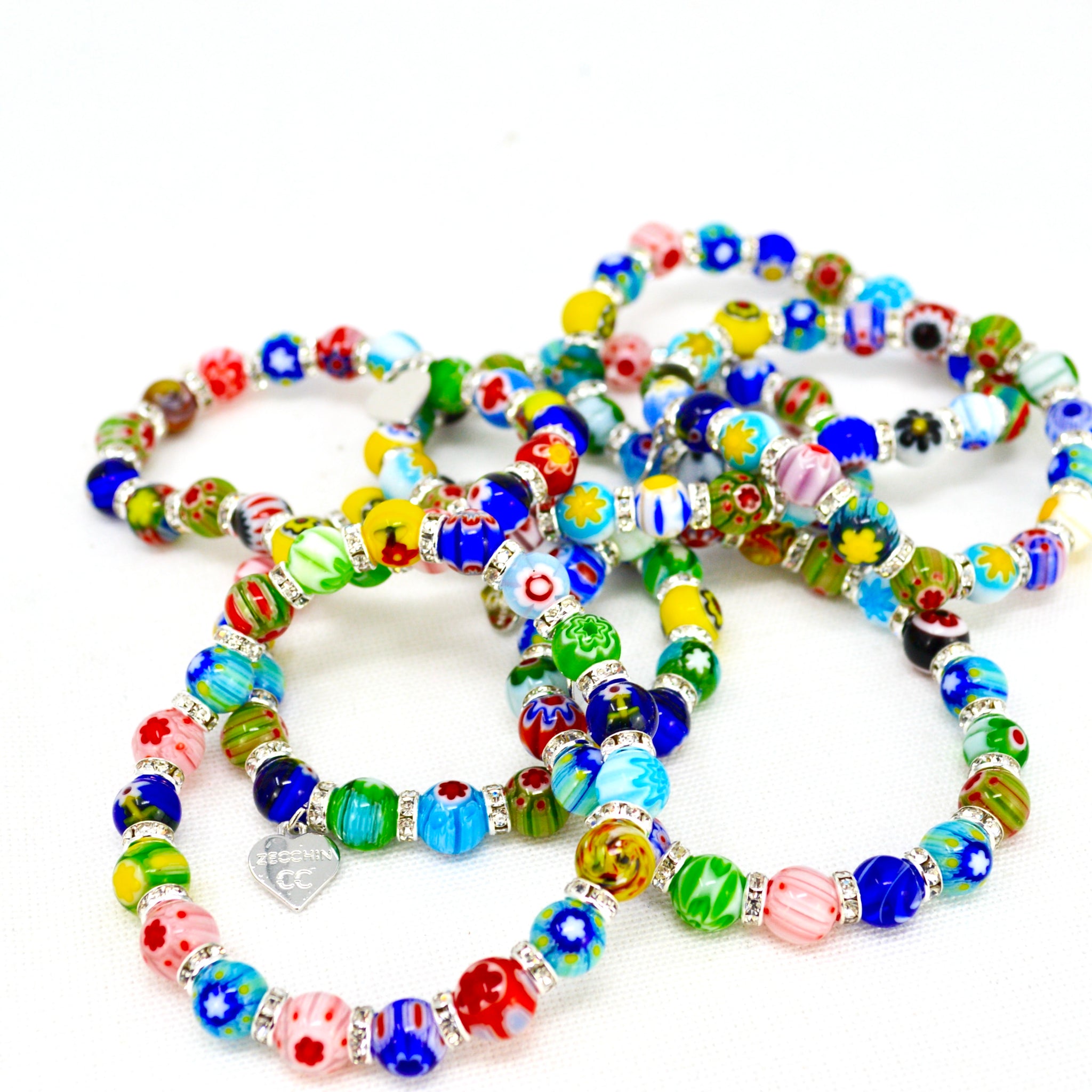 Colorful Murano glass Millefiori bead elastic bracelet featuring vibrant Italian-made beads, perfect for stylish accessories.