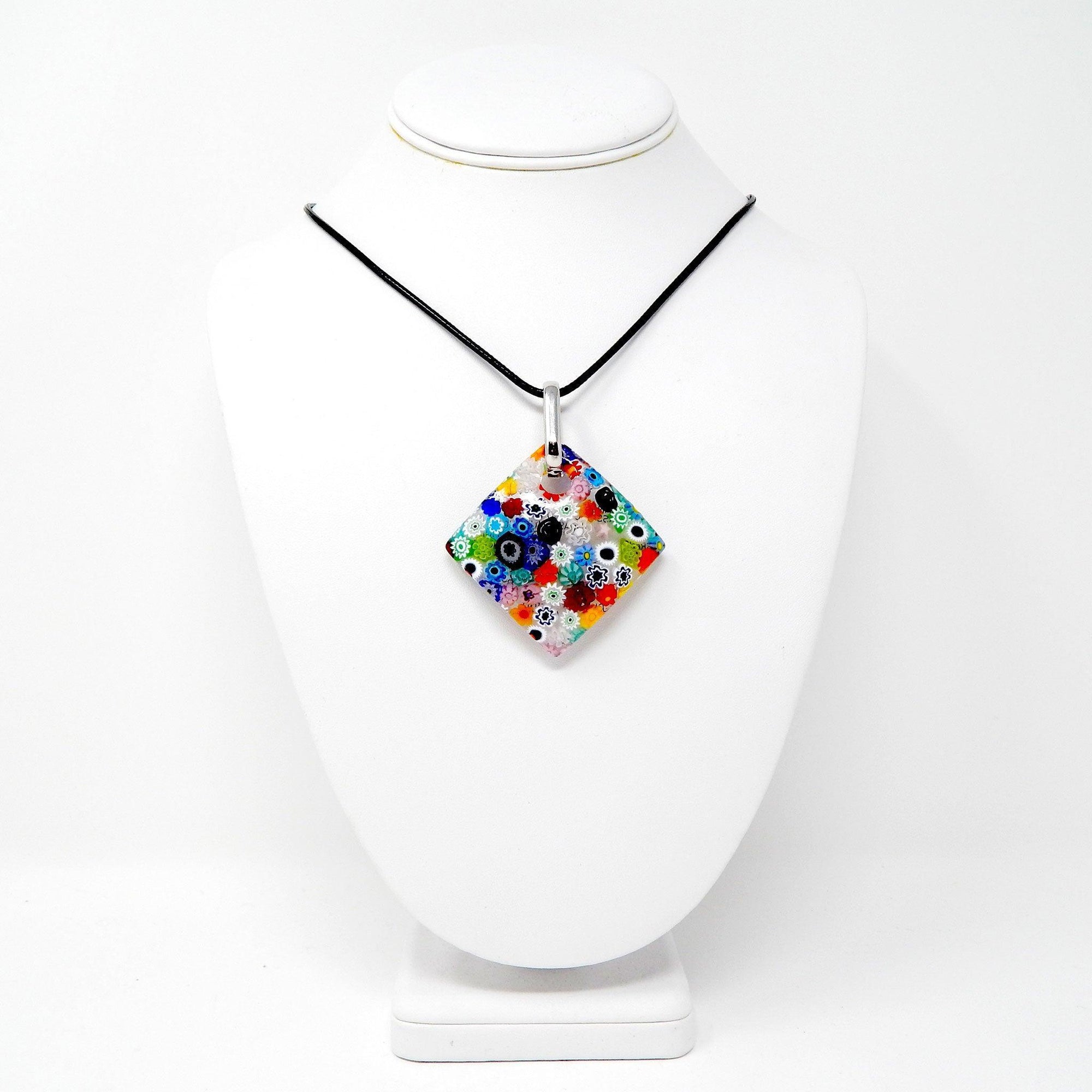 Murano Glass Diamond Shaped Pendant Necklace, Millefiori - MyItalianDecor