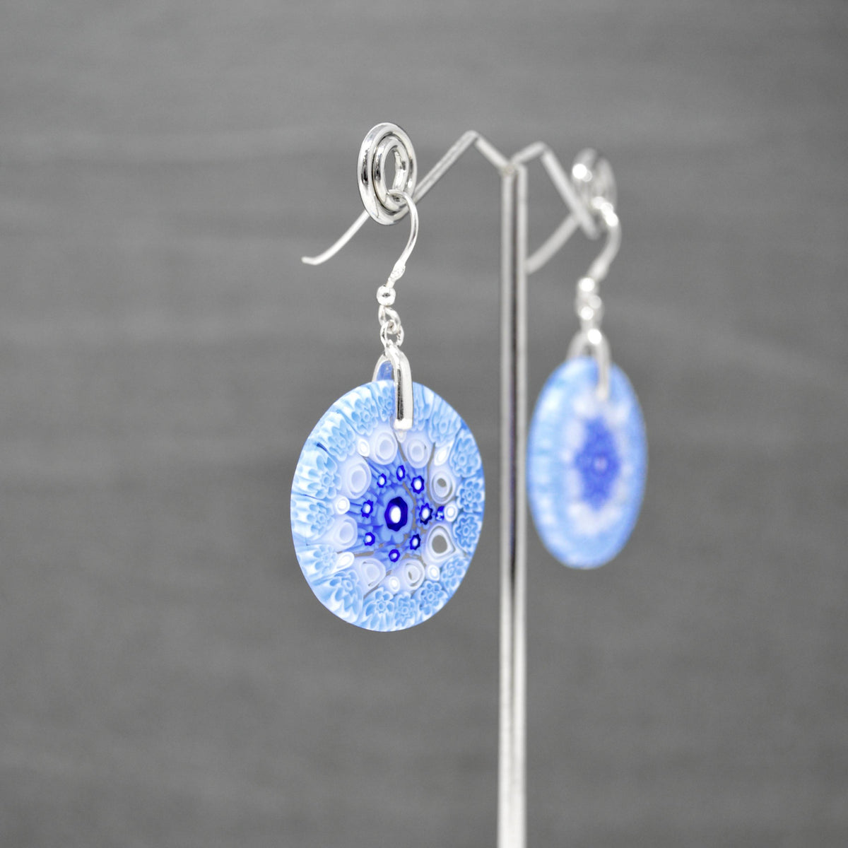 Murano Glass Millefiori Round Dangle Earrings, Murrine Mosaic, Blue - My Italian Decor