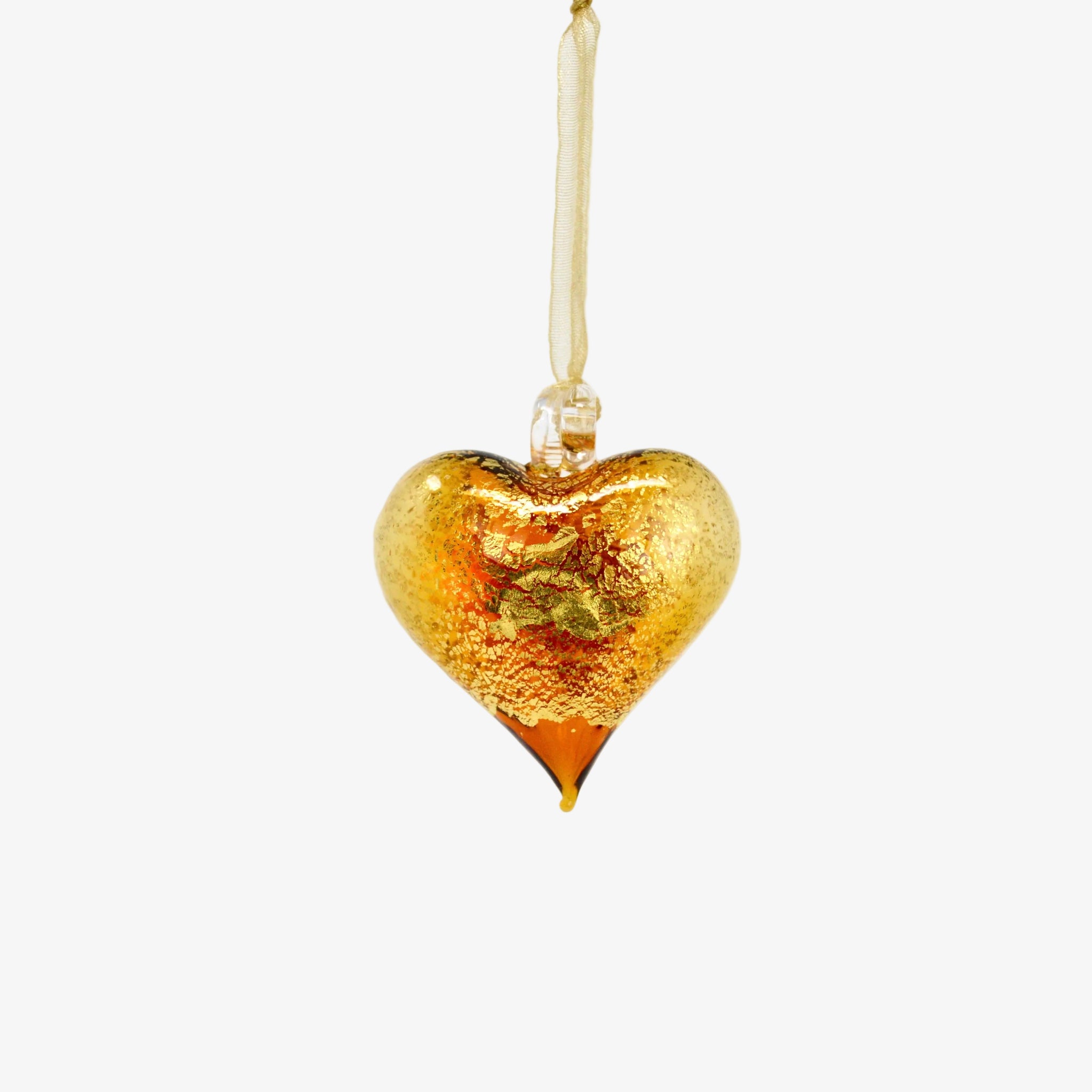 Colorful Murano glass small heart ornament from Italy, hanging holiday decoration with amber hue, by MyItalianDecor.